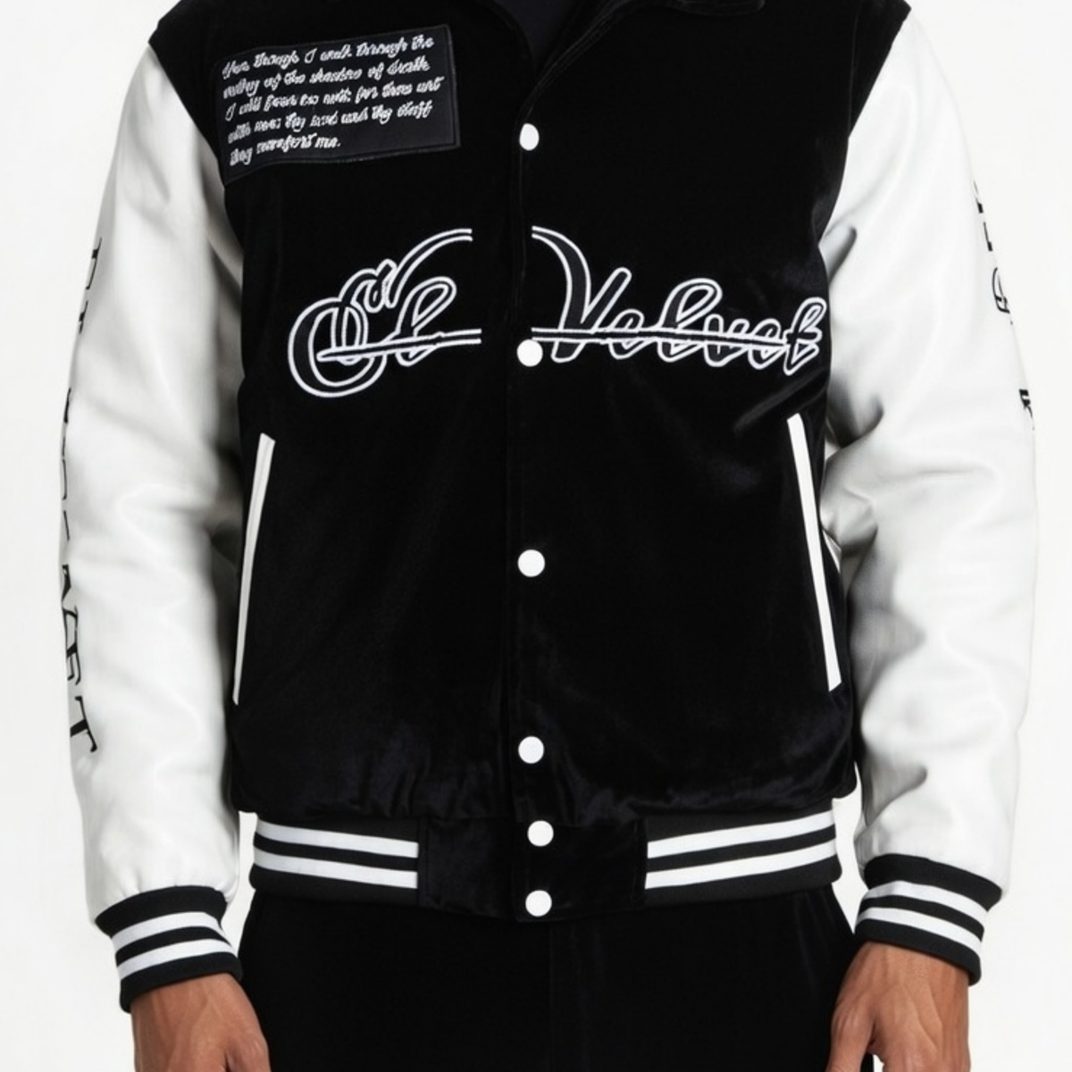 Black & White Scriptures Velvet Varsity Jacket – El Vélvét