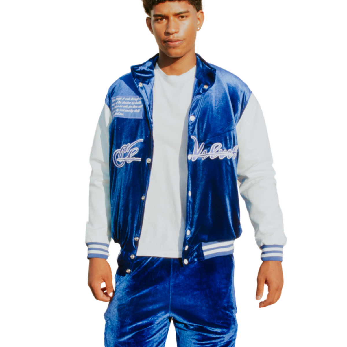 Royal Blue & White Scriptures Velvet Varsity Jacket – El Vélvét
