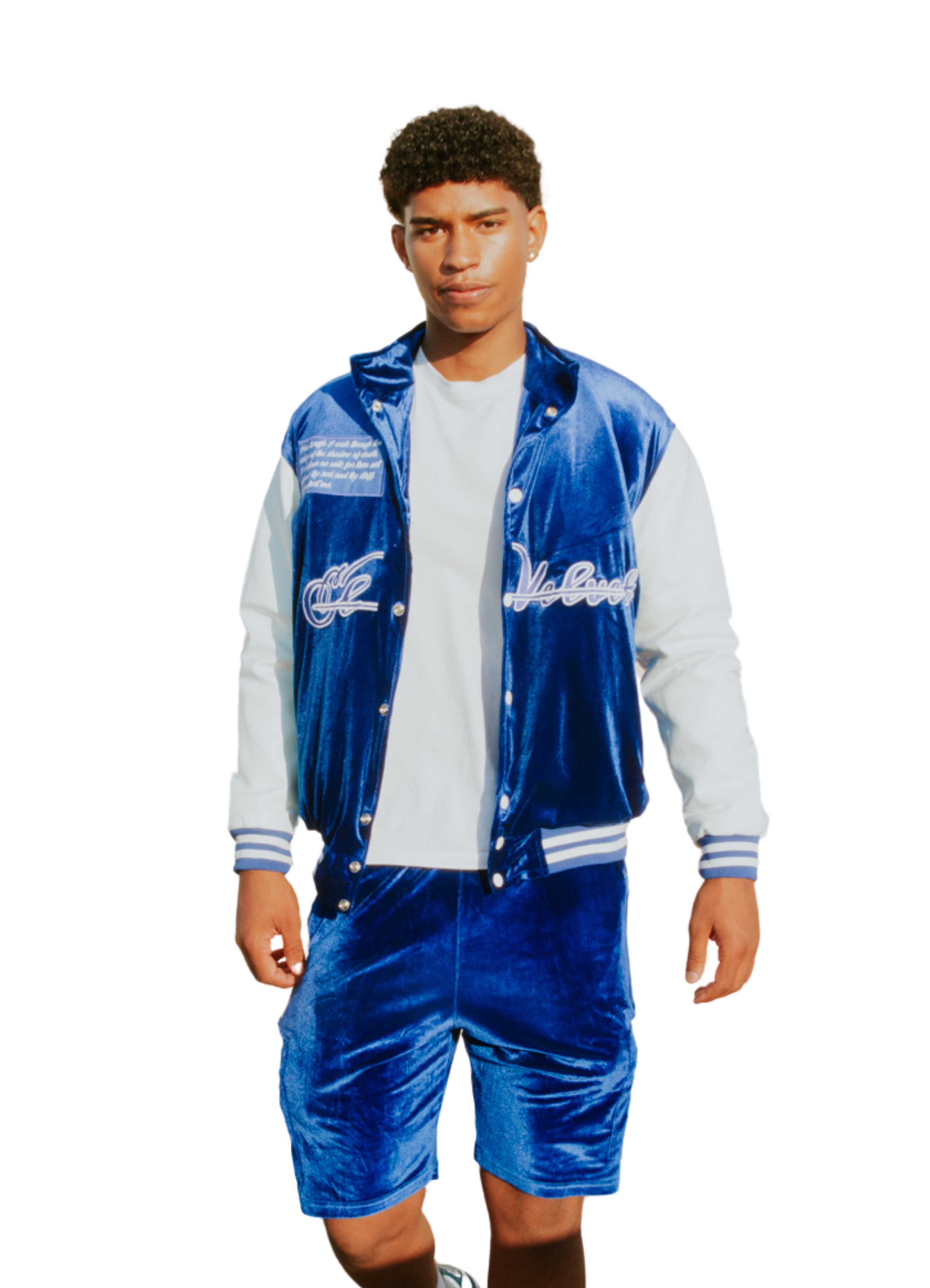 Royal Blue & White Scriptures Velvet Varsity Jacket