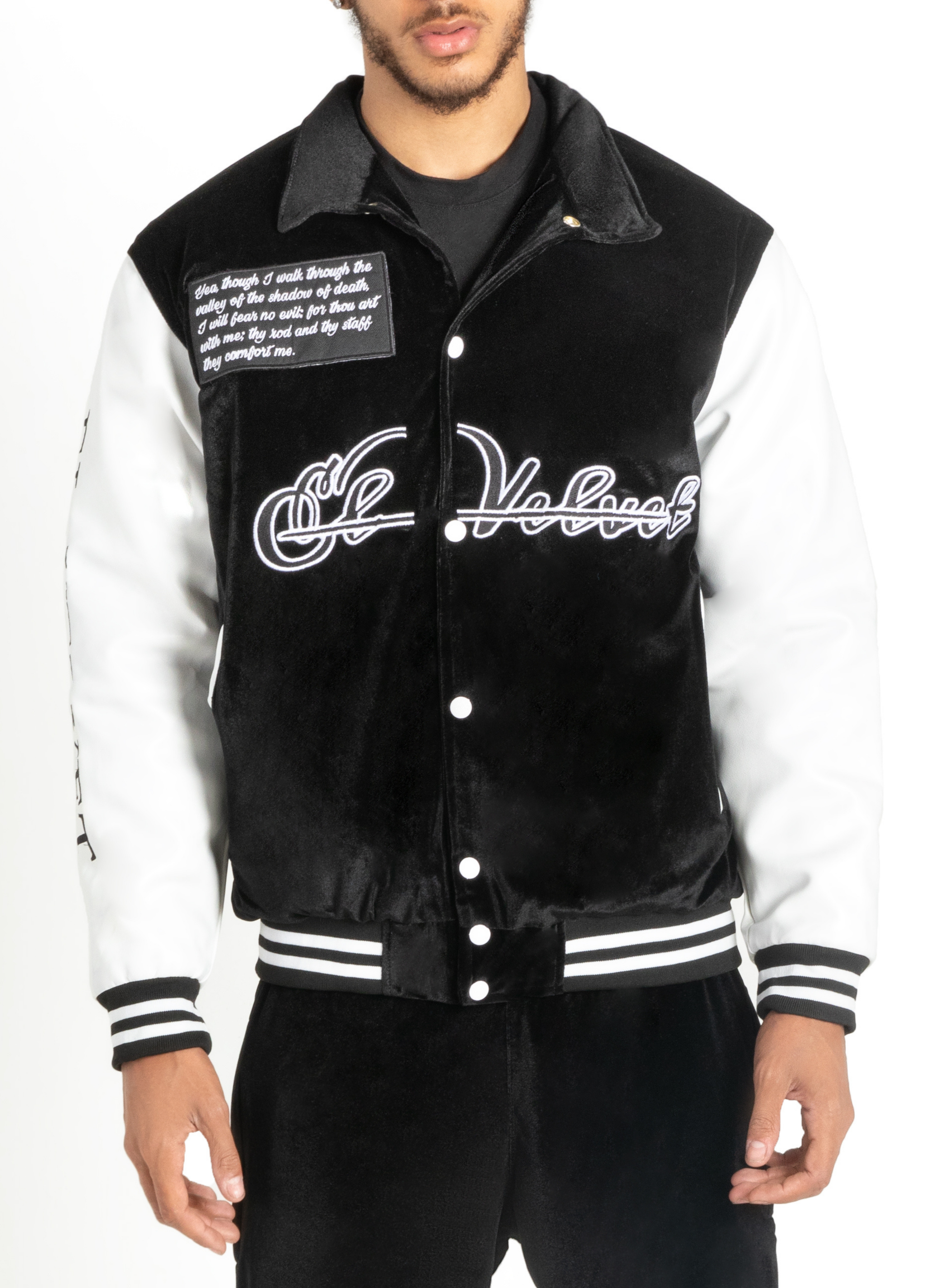 Black & White Scriptures Velvet Varsity Jacket