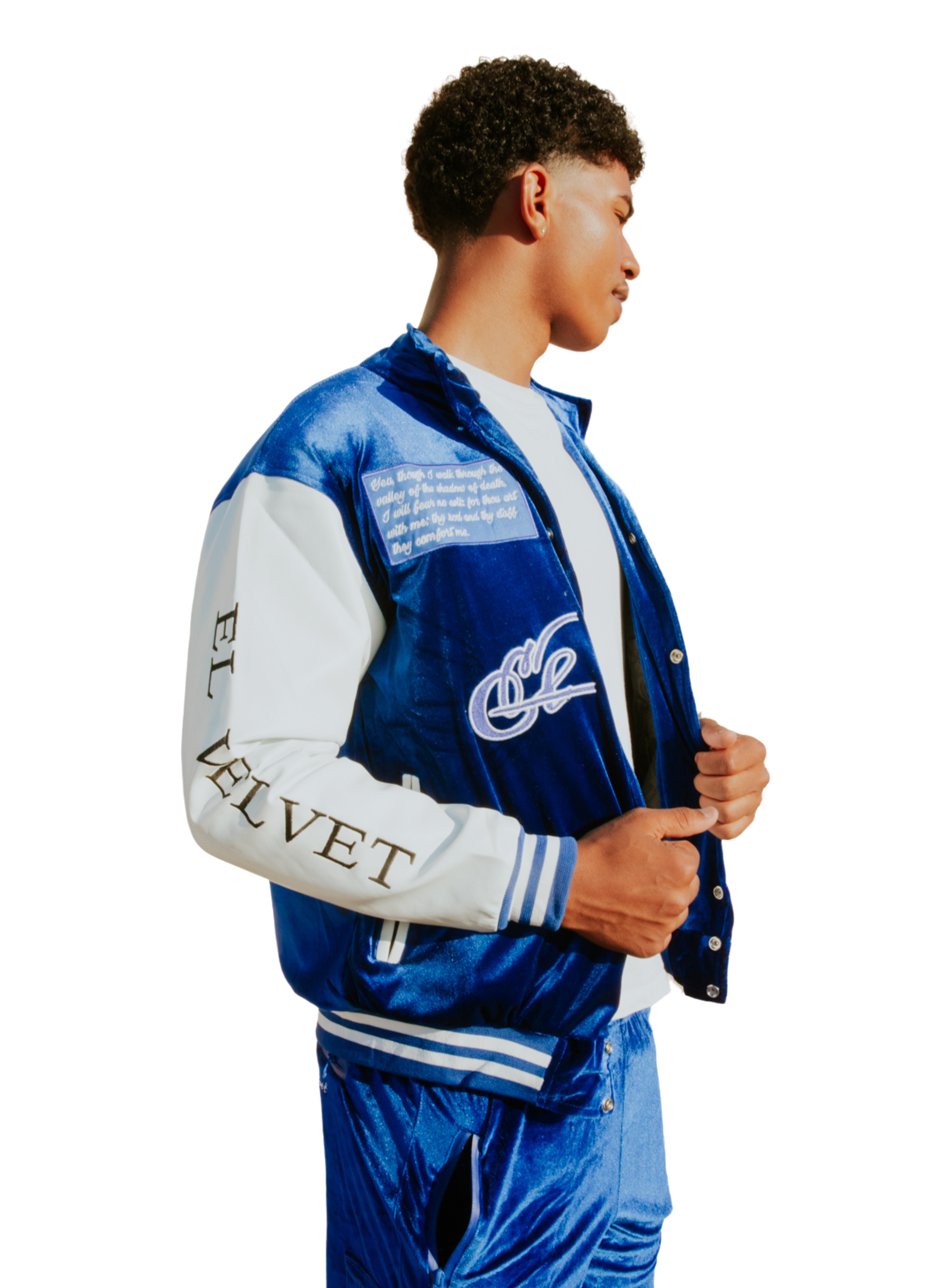 Royal Blue & White Scriptures Velvet Varsity Jacket