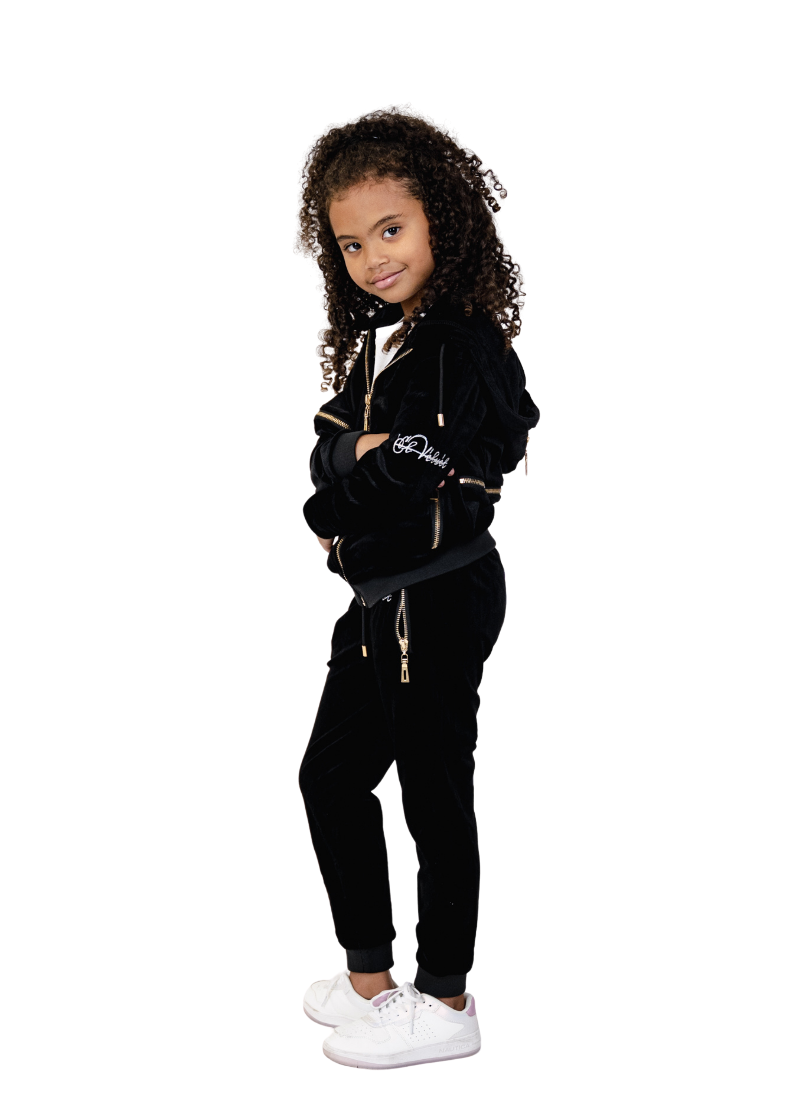 Kids Black Vélvét Full Tracksuit-Boys & Girls