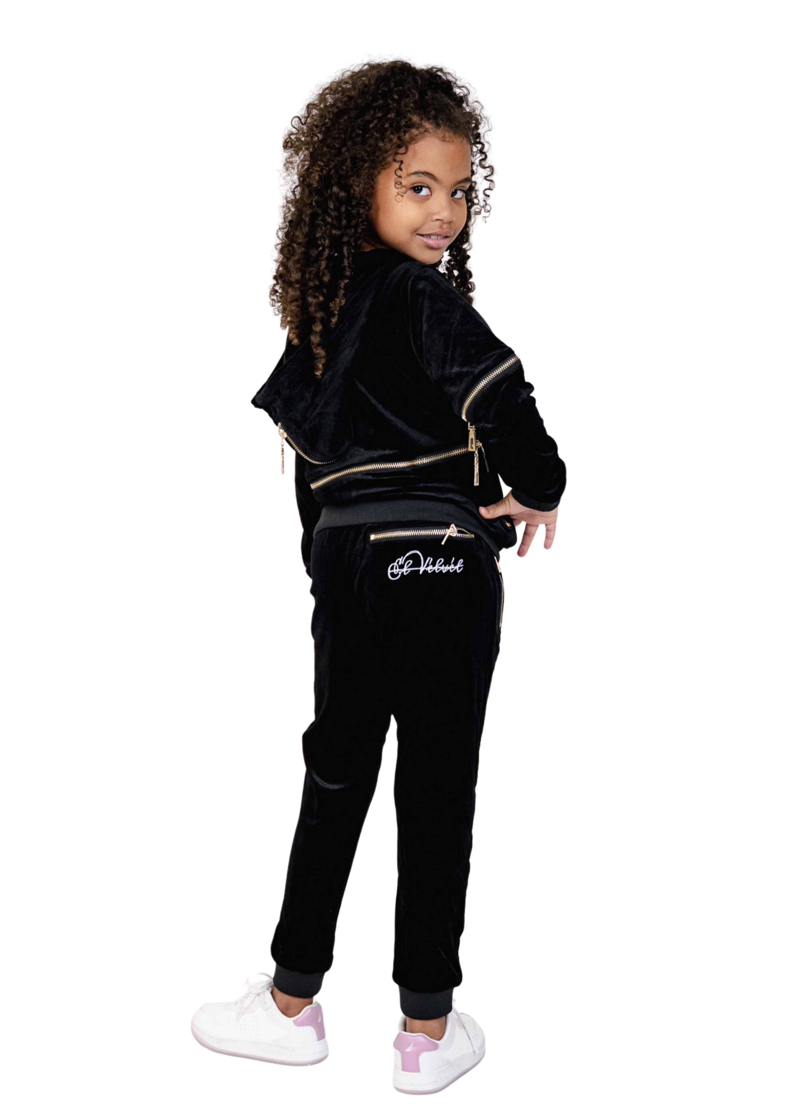 Kids Black Vélvét Full Tracksuit-Boys & Girls