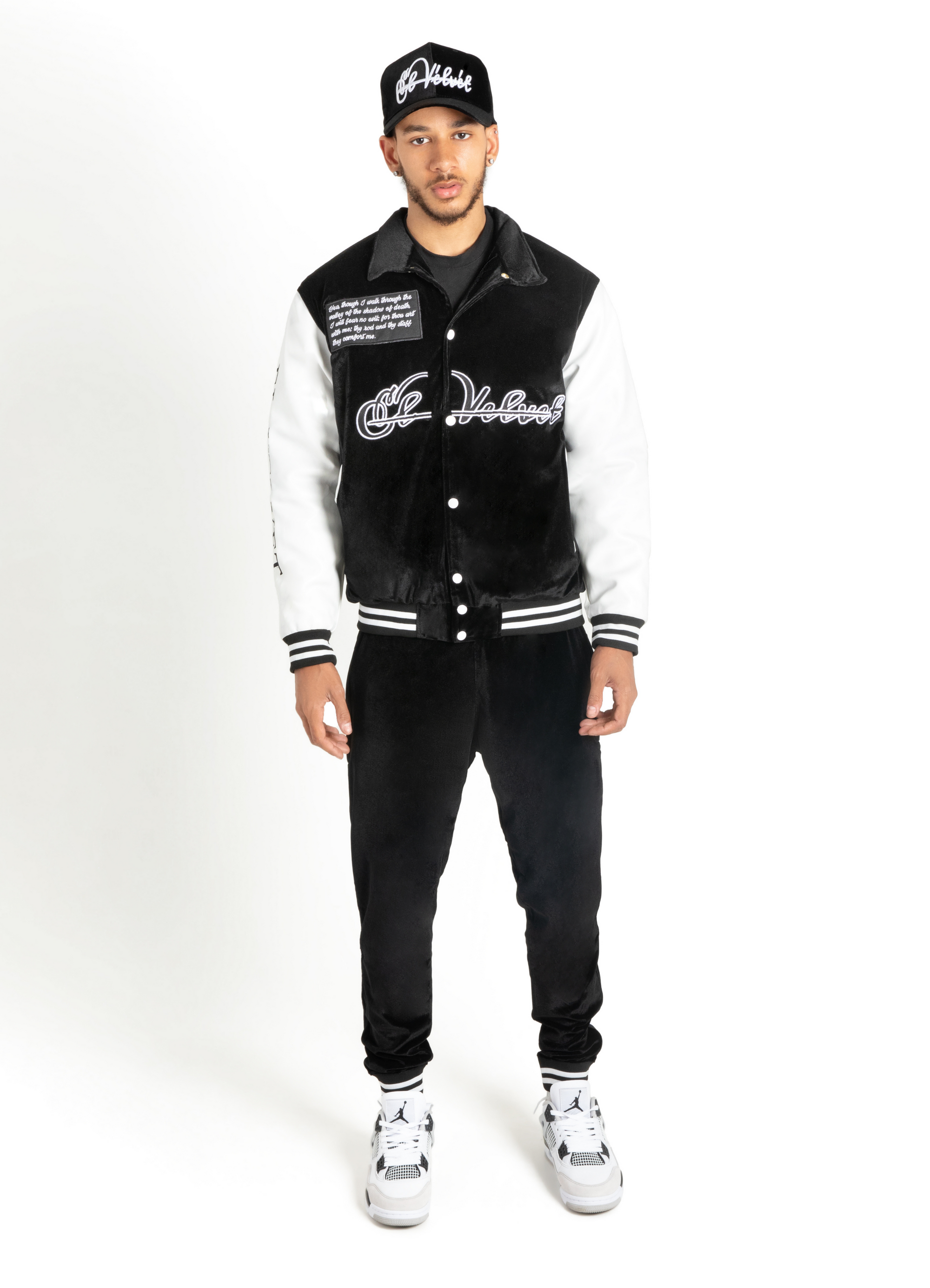 Black & White Scriptures Velvet Varsity Jacket