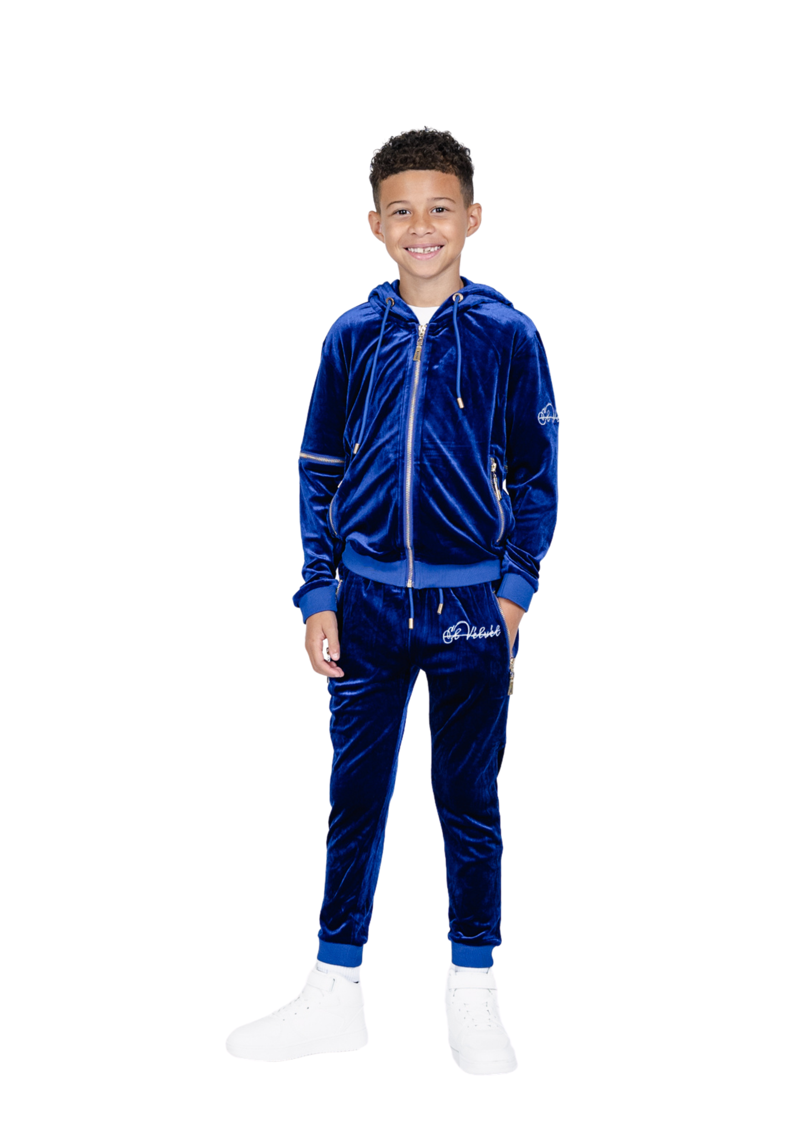 Kids Royal Blue Vélvét Full Tracksuit-Boys & Girls