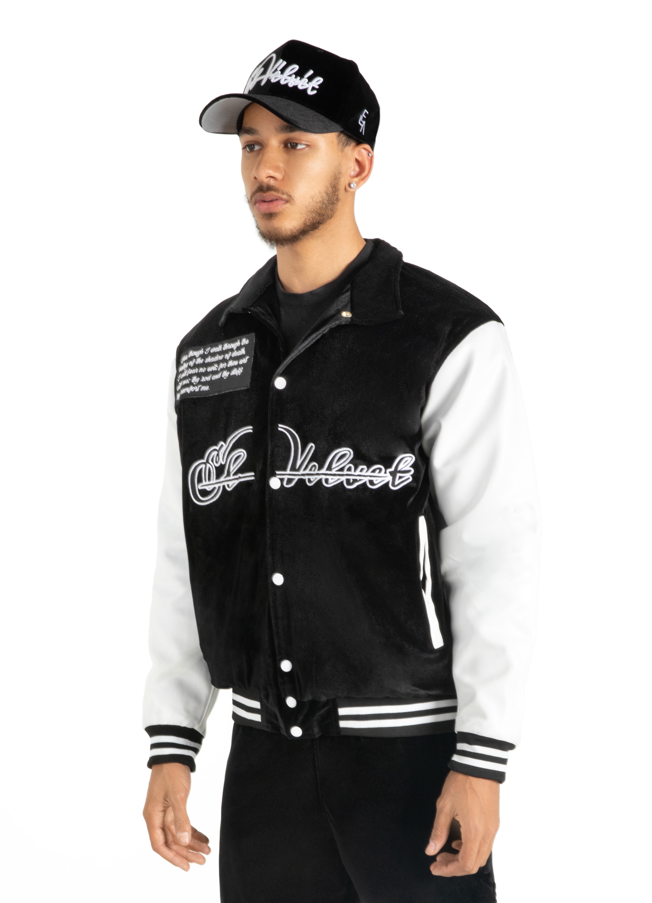 Black & White Scriptures Velvet Varsity Jacket