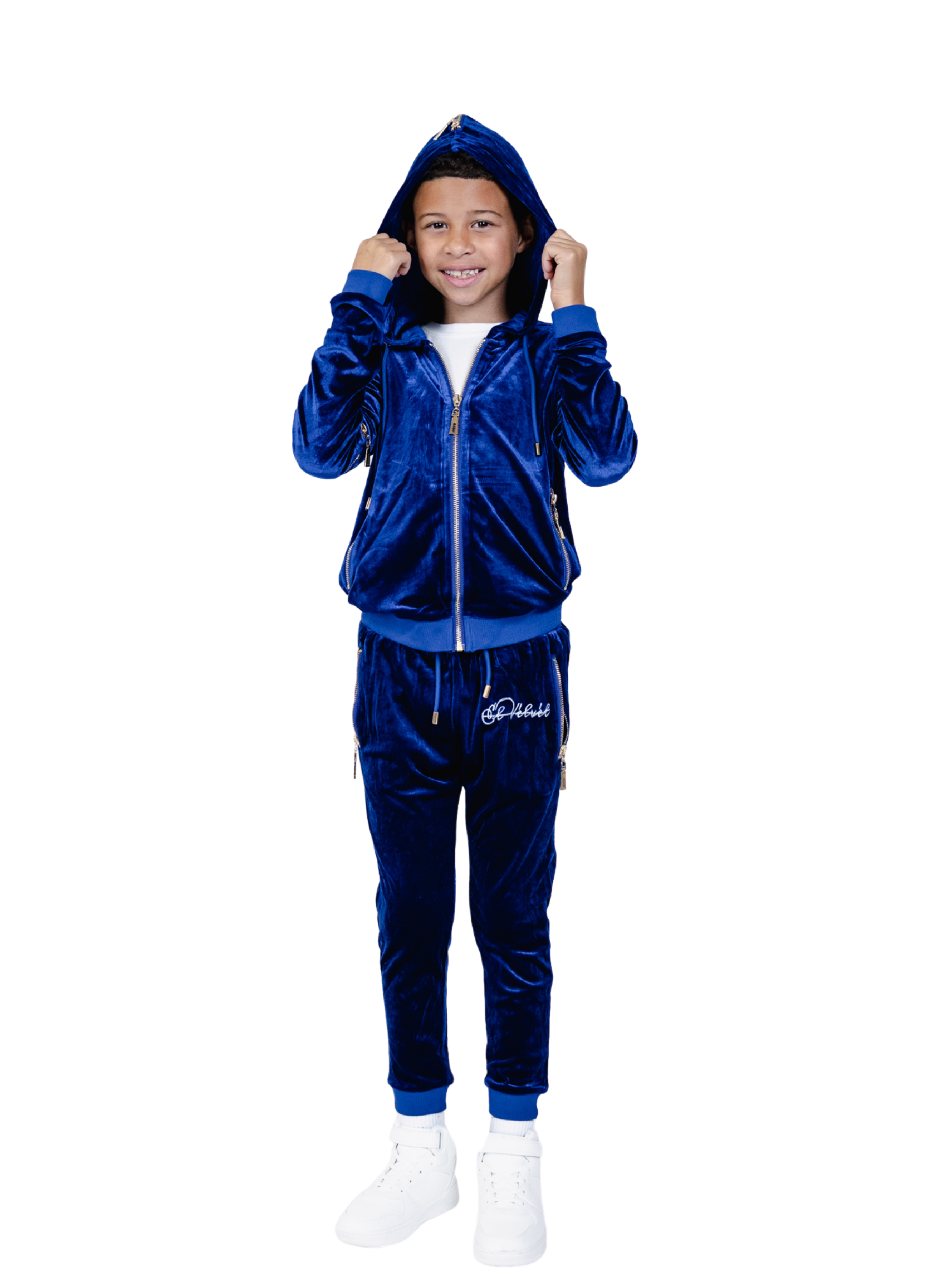 Kids Royal Blue Vélvét Full Tracksuit-Boys & Girls