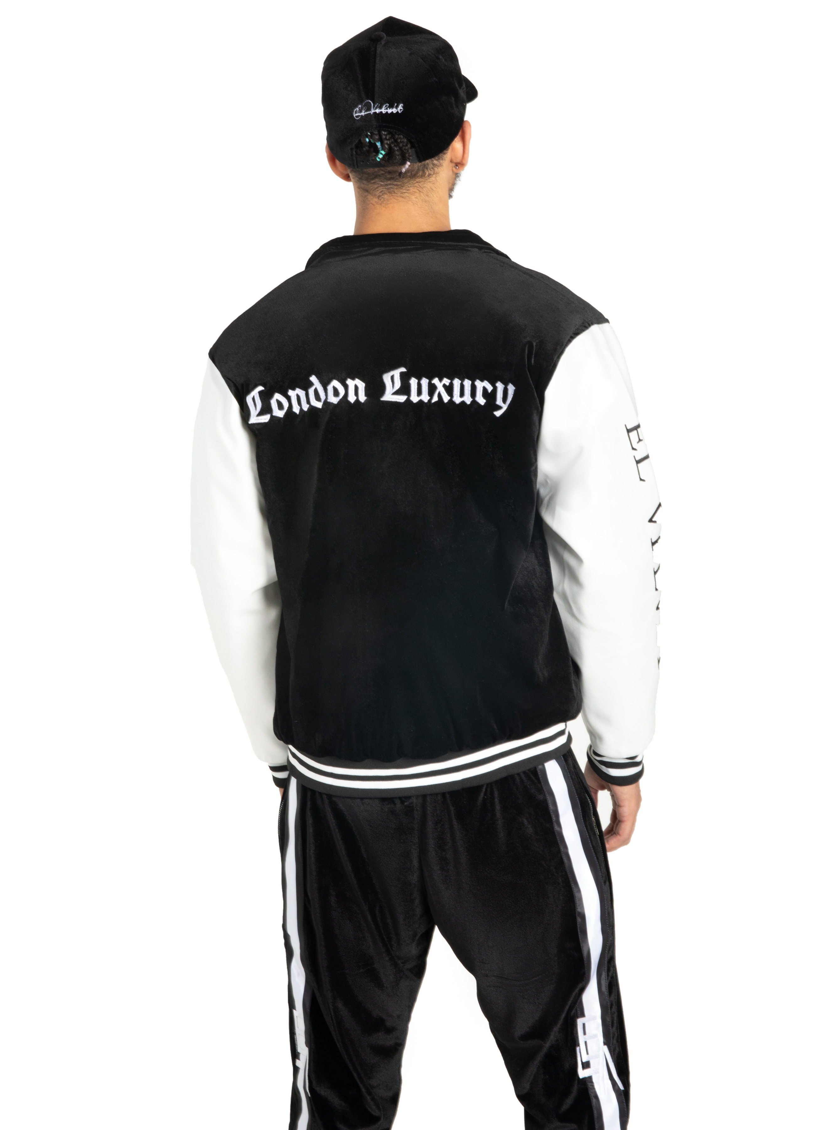 Black & White Scriptures Velvet Varsity Jacket