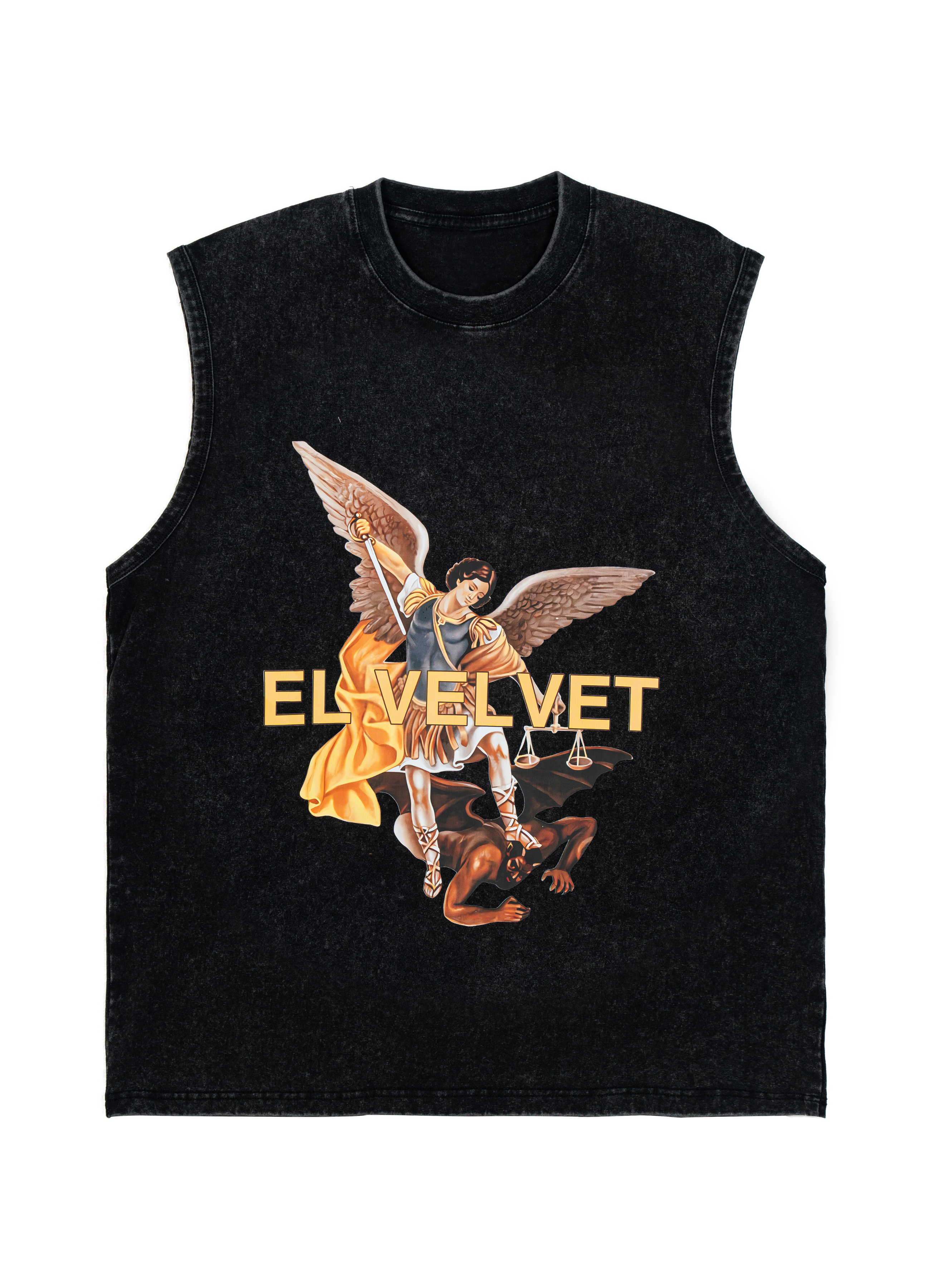 Black  Washed 'Angel VS Devil' Graphic Vintage Sleeveless Top