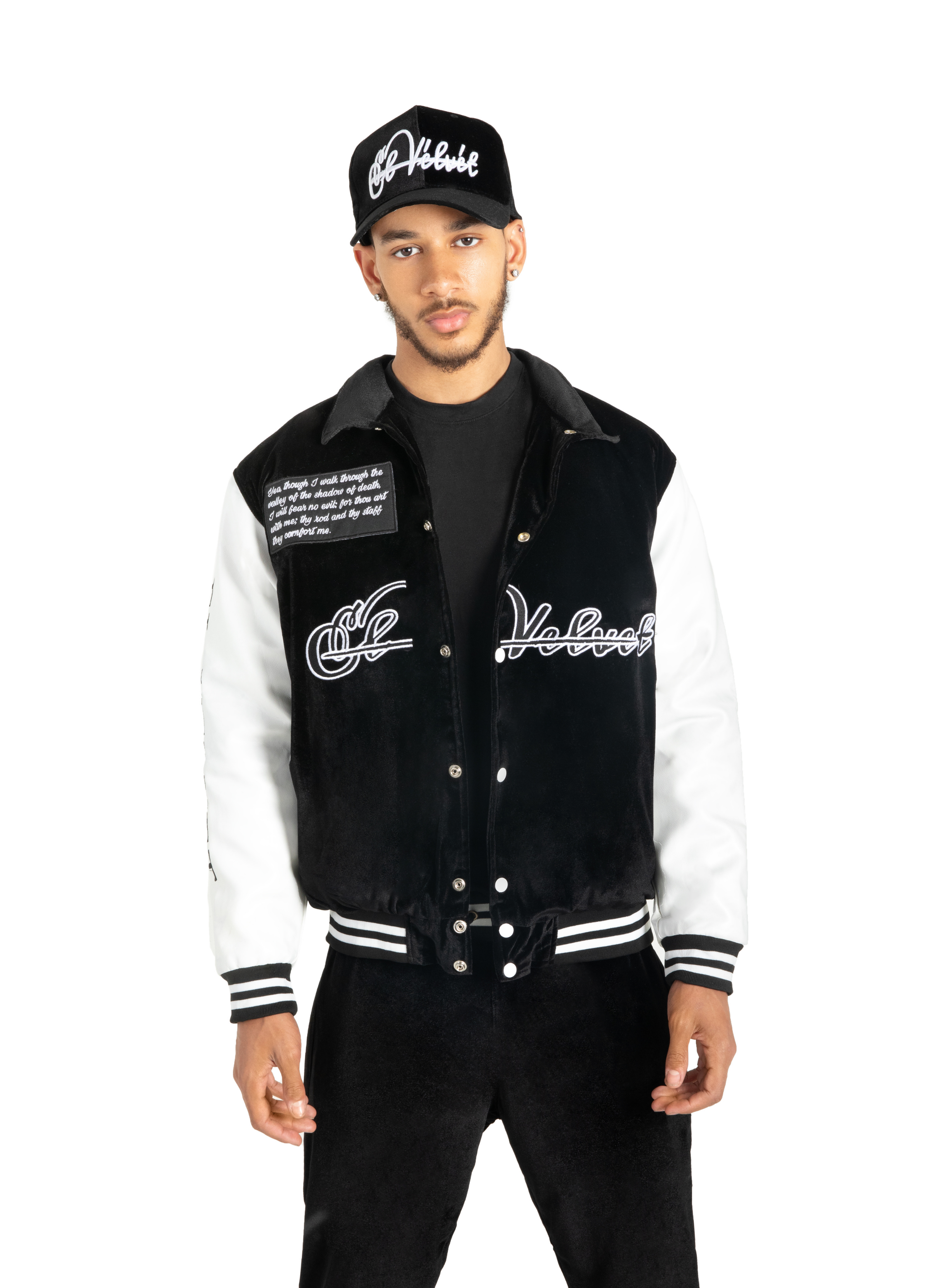 Black & White Scriptures Velvet Varsity Jacket
