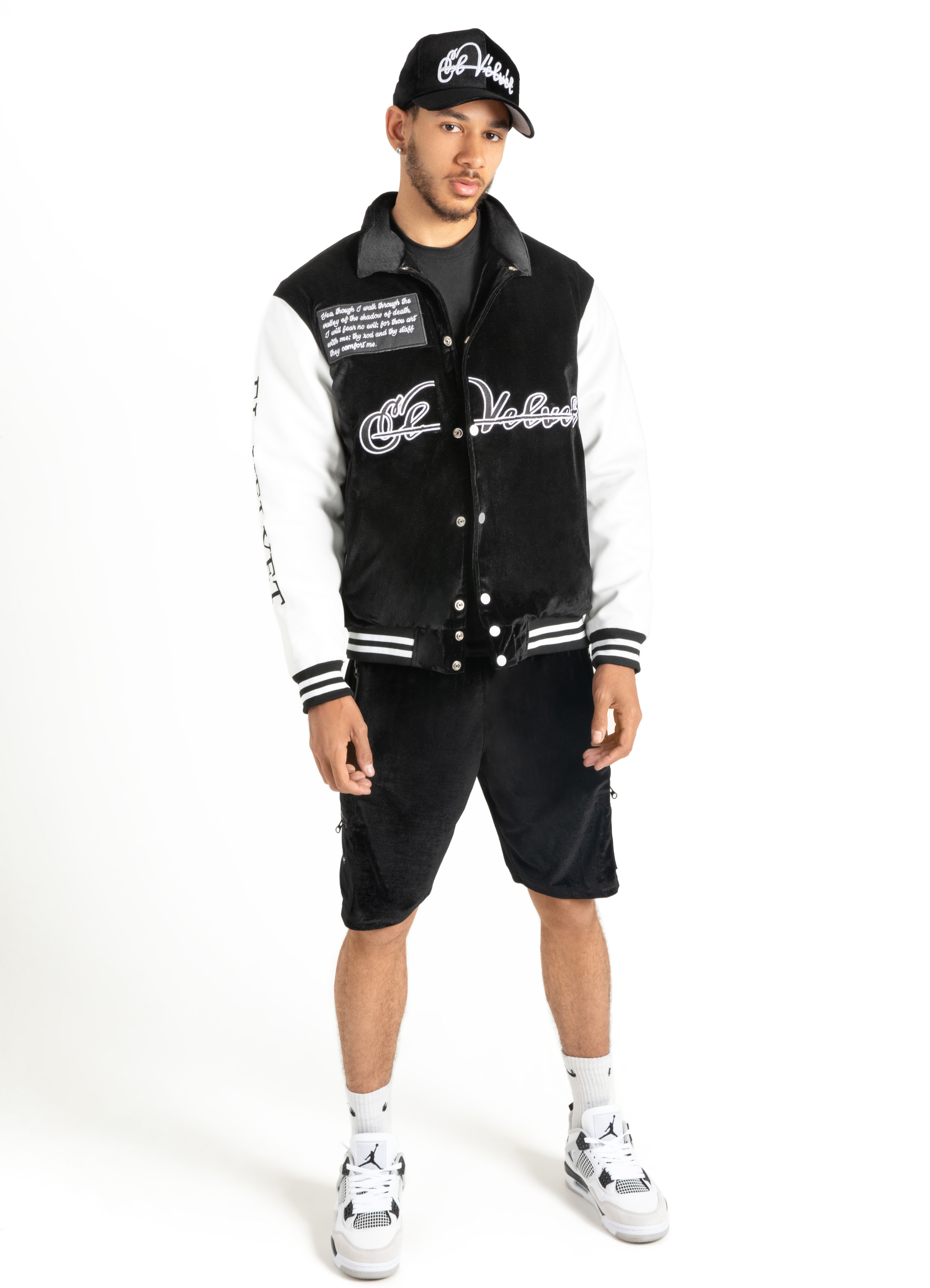 Black & White Scriptures Velvet Varsity Jacket