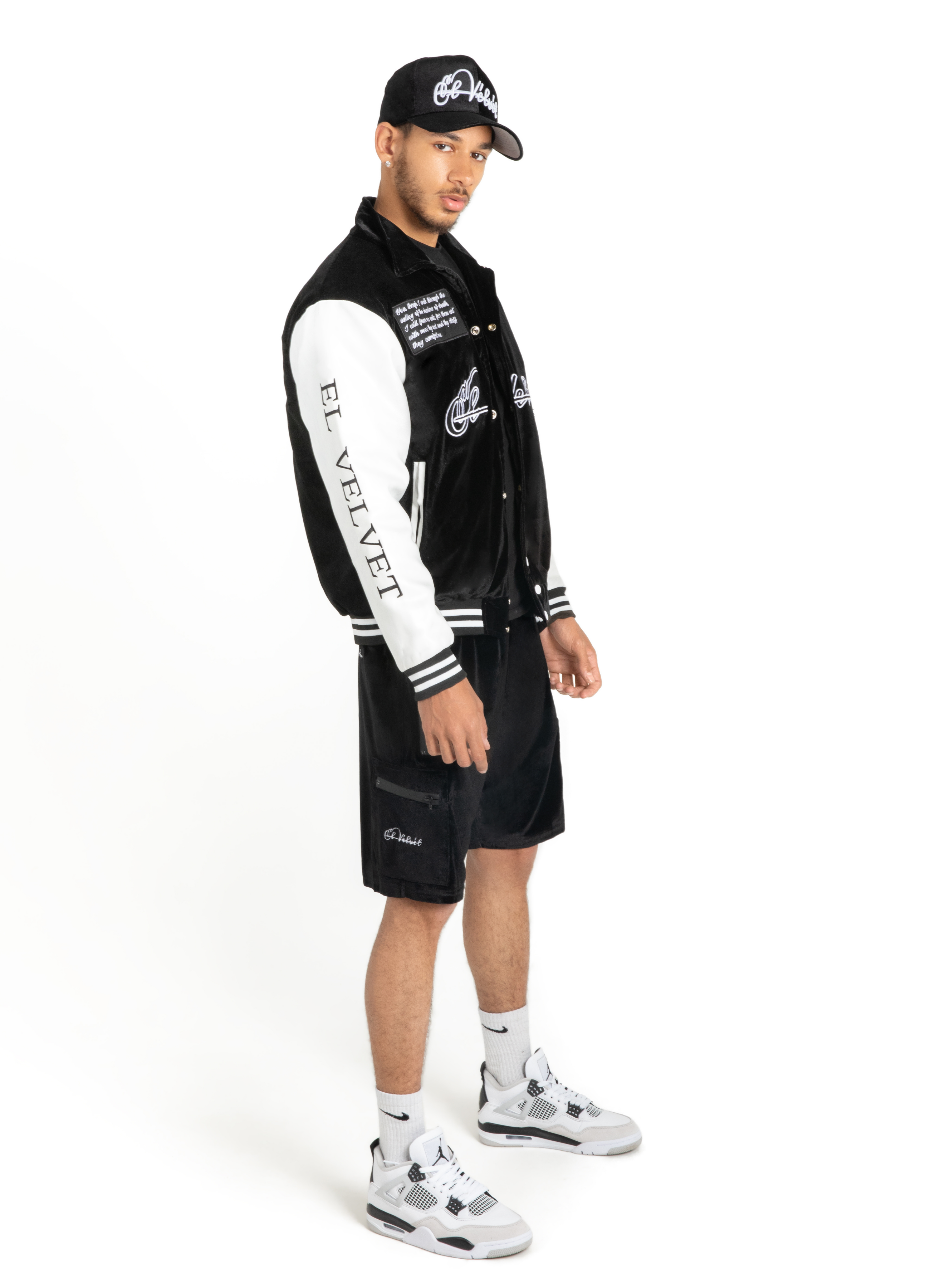 Black & White Scriptures Velvet Varsity Jacket