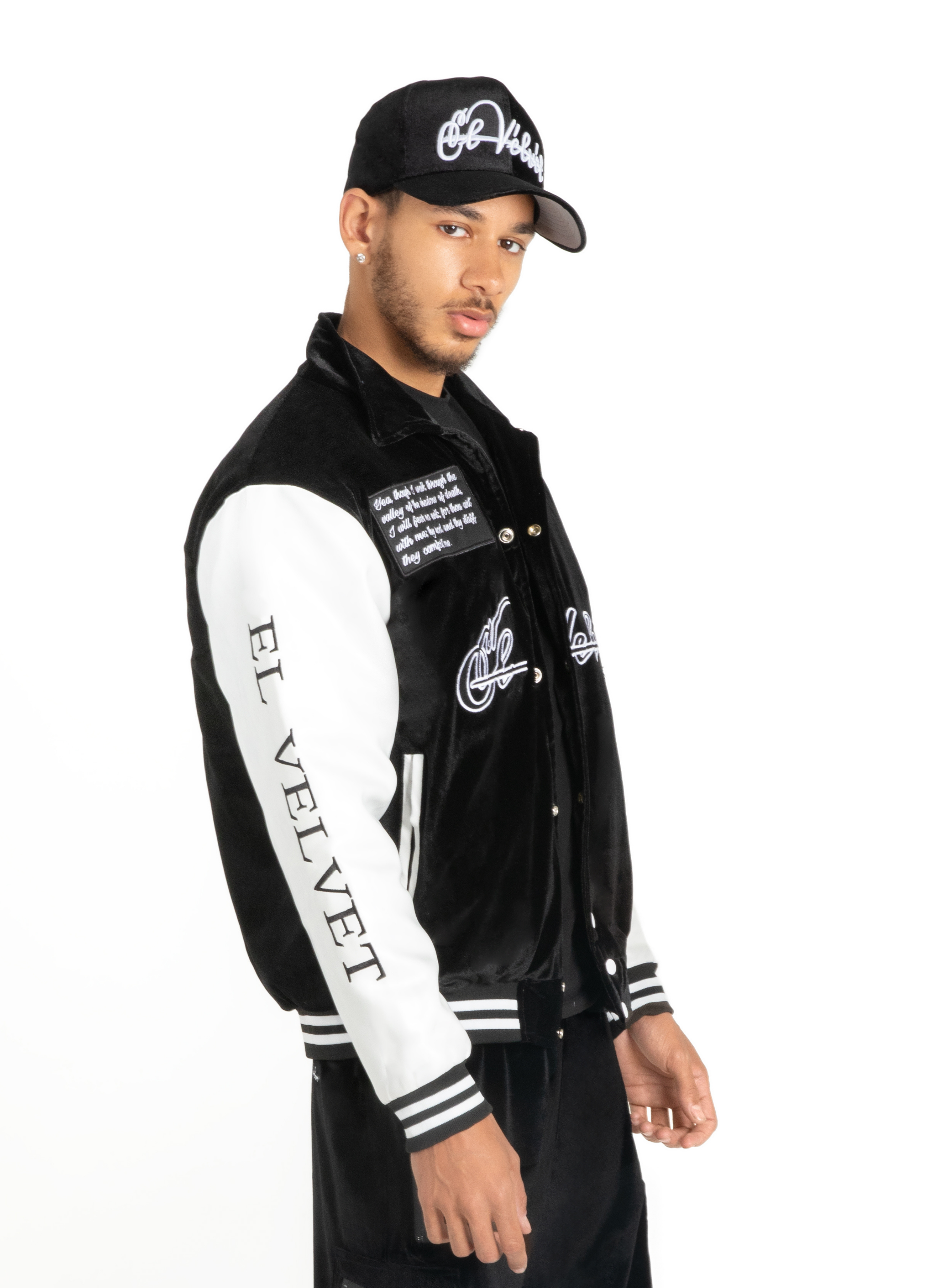 Black & White Scriptures Velvet Varsity Jacket