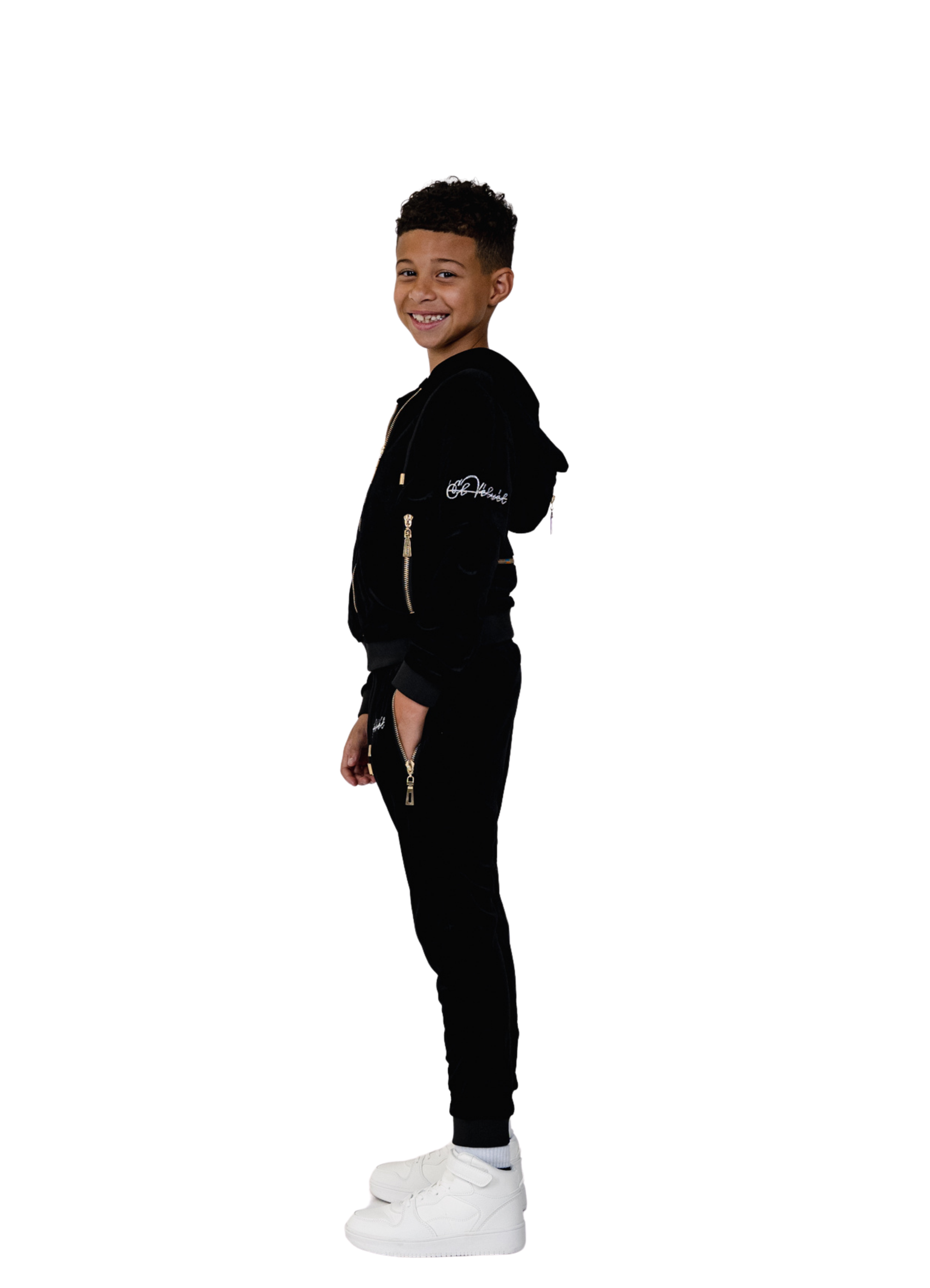 Kids Black Vélvét Full Tracksuit-Boys & Girls