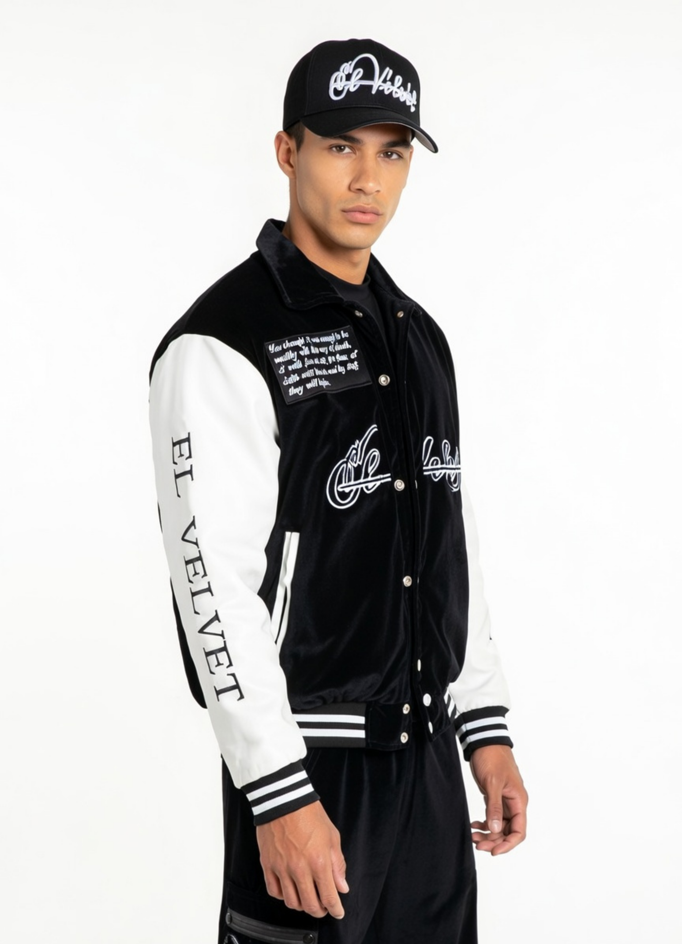 Black & White Scriptures Velvet Varsity Jacket