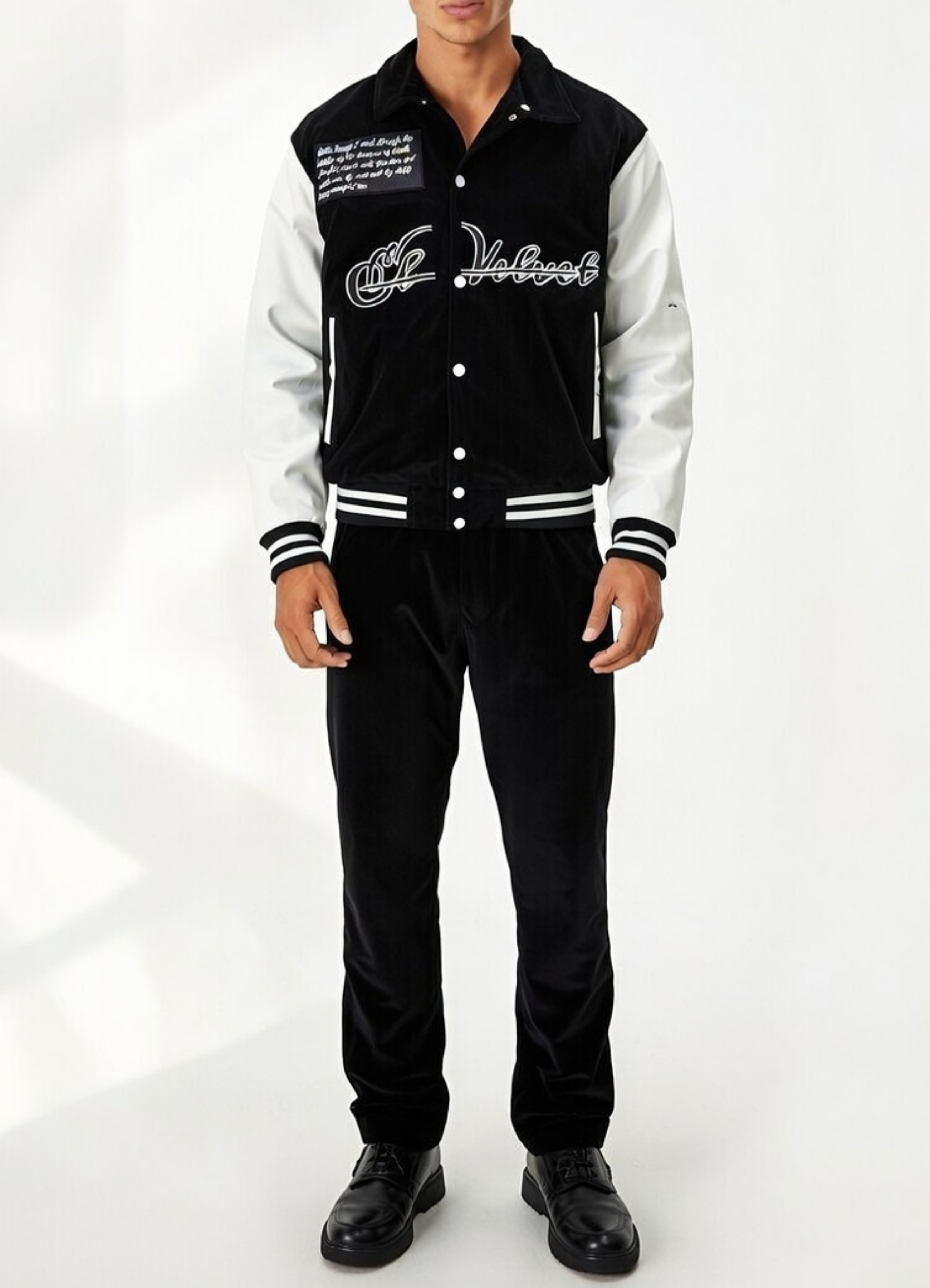 Black & White Scriptures Velvet Varsity Jacket