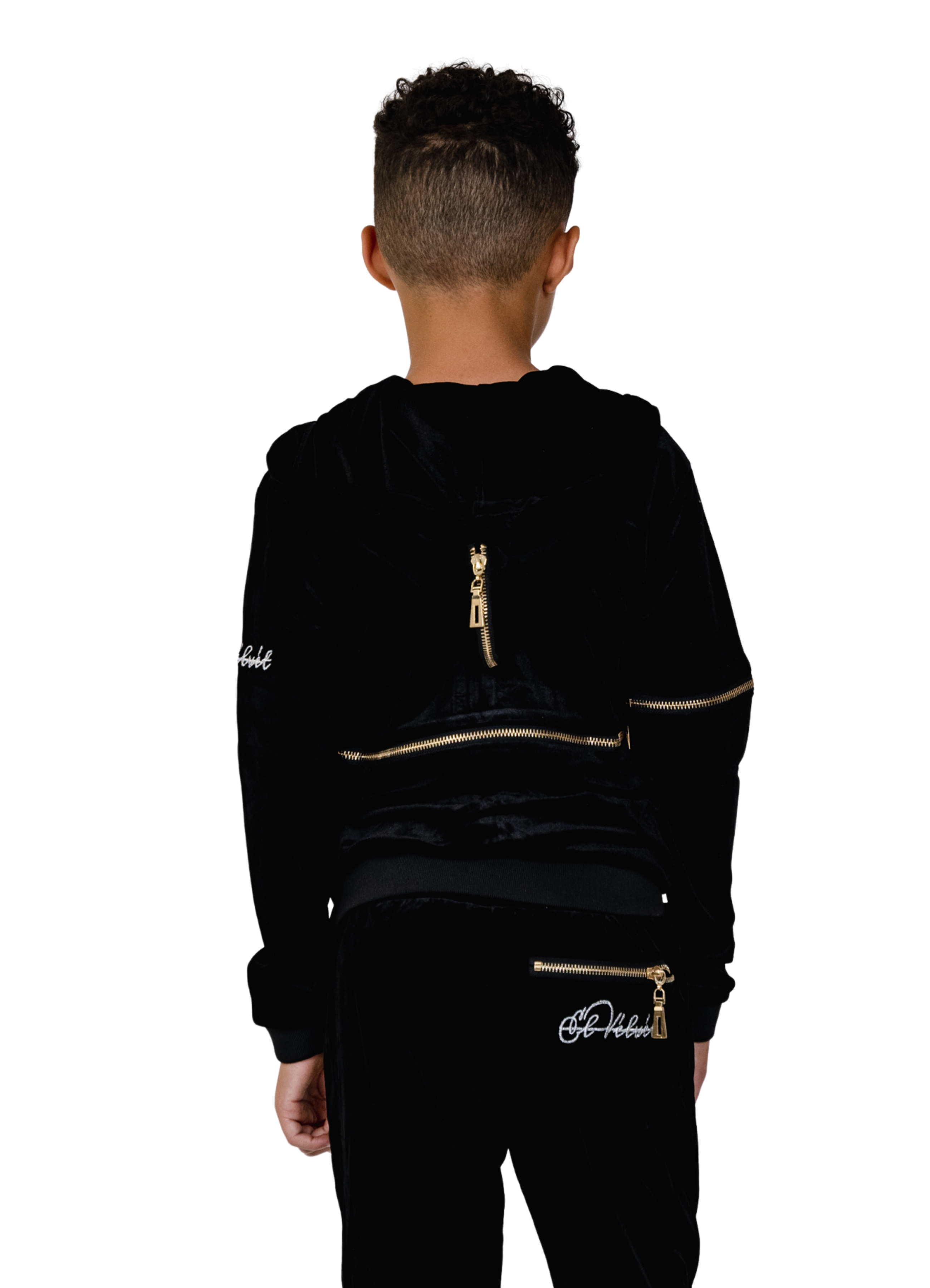 Kids Black Vélvét Full Tracksuit-Boys & Girls