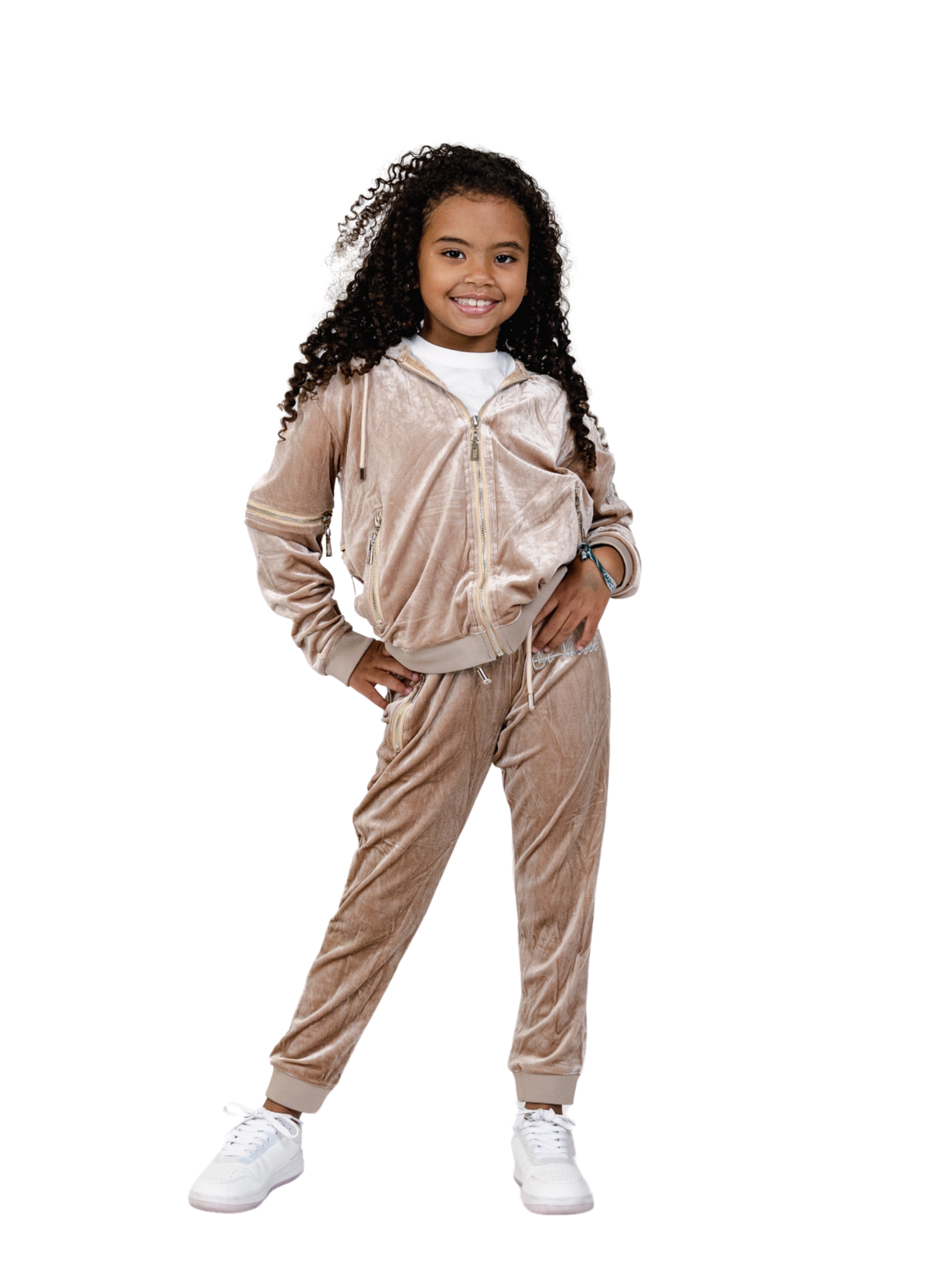 Kids Biege Vélvét Full Tracksuit -Boys & Girls