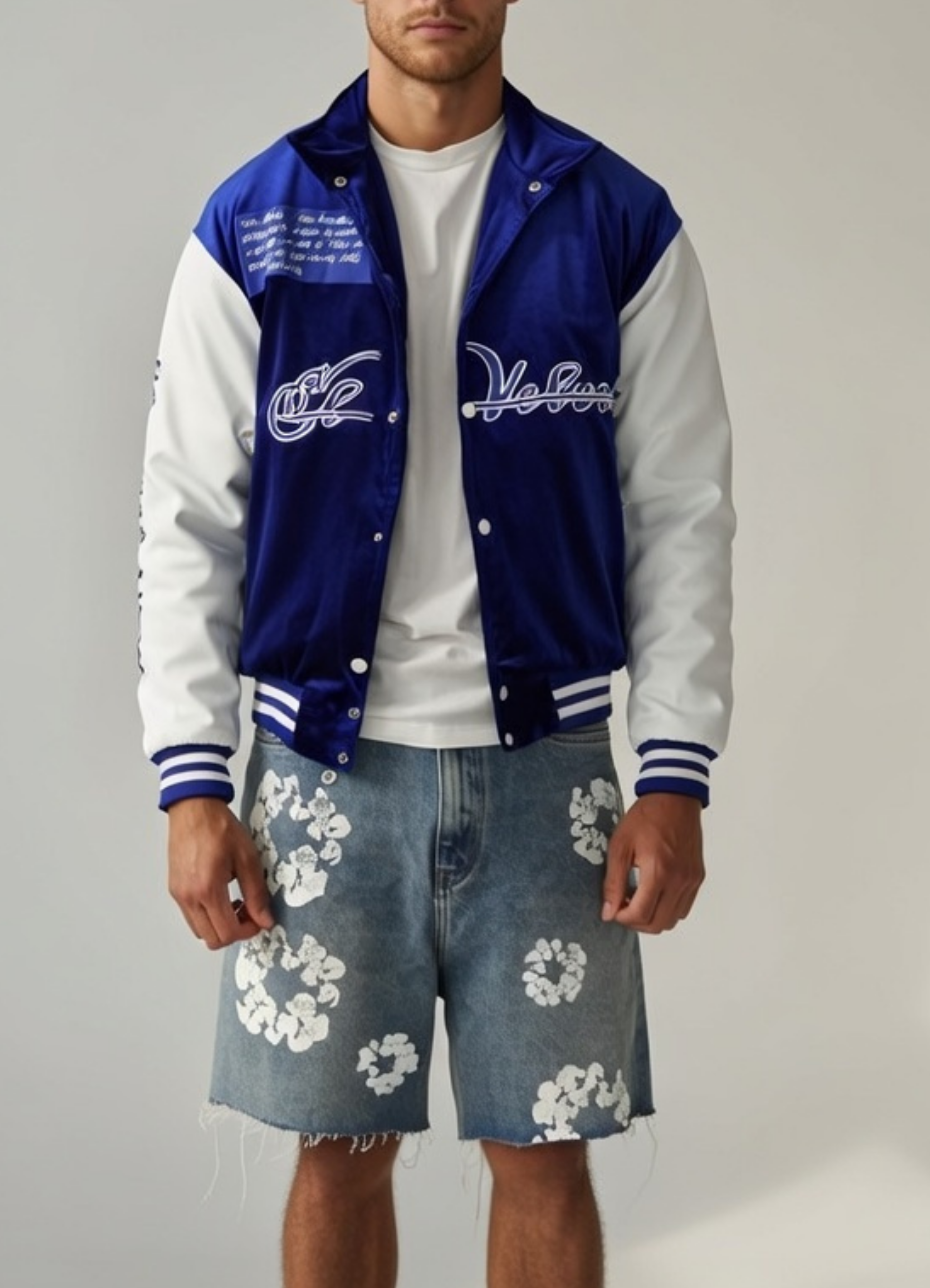 Royal Blue & White Scriptures Velvet Varsity Jacket