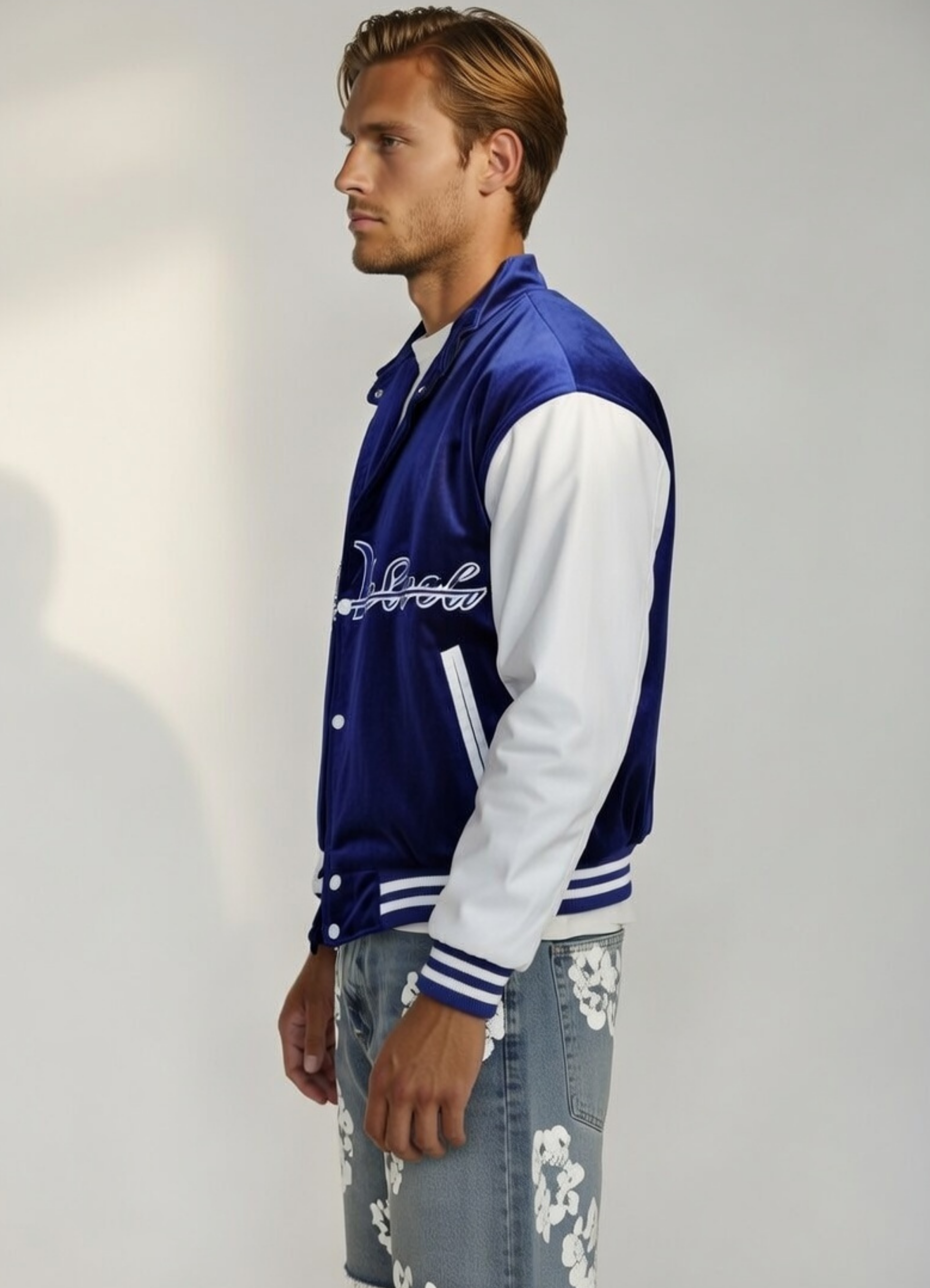 Royal Blue & White Scriptures Velvet Varsity Jacket