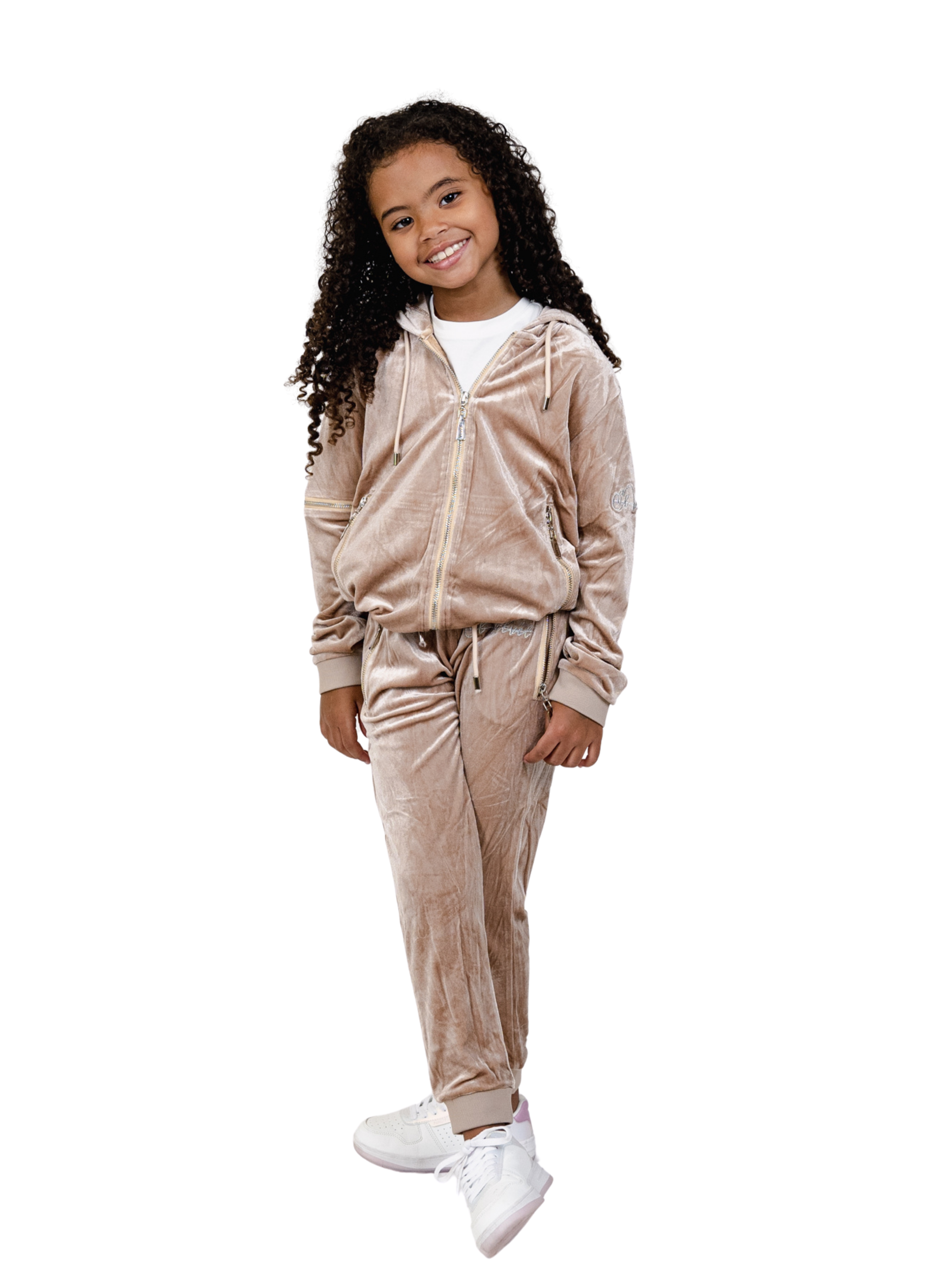 Kids Biege Vélvét Full Tracksuit -Boys & Girls