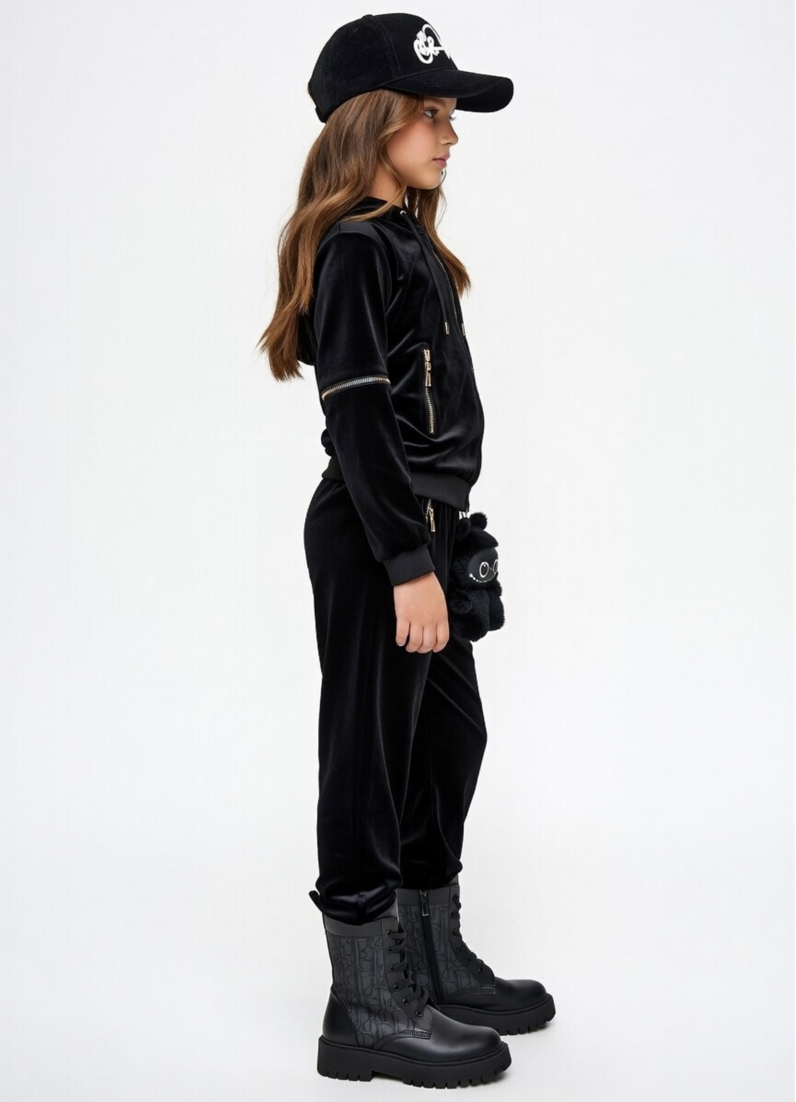 Kids Black Vélvét Full Tracksuit-Boys & Girls
