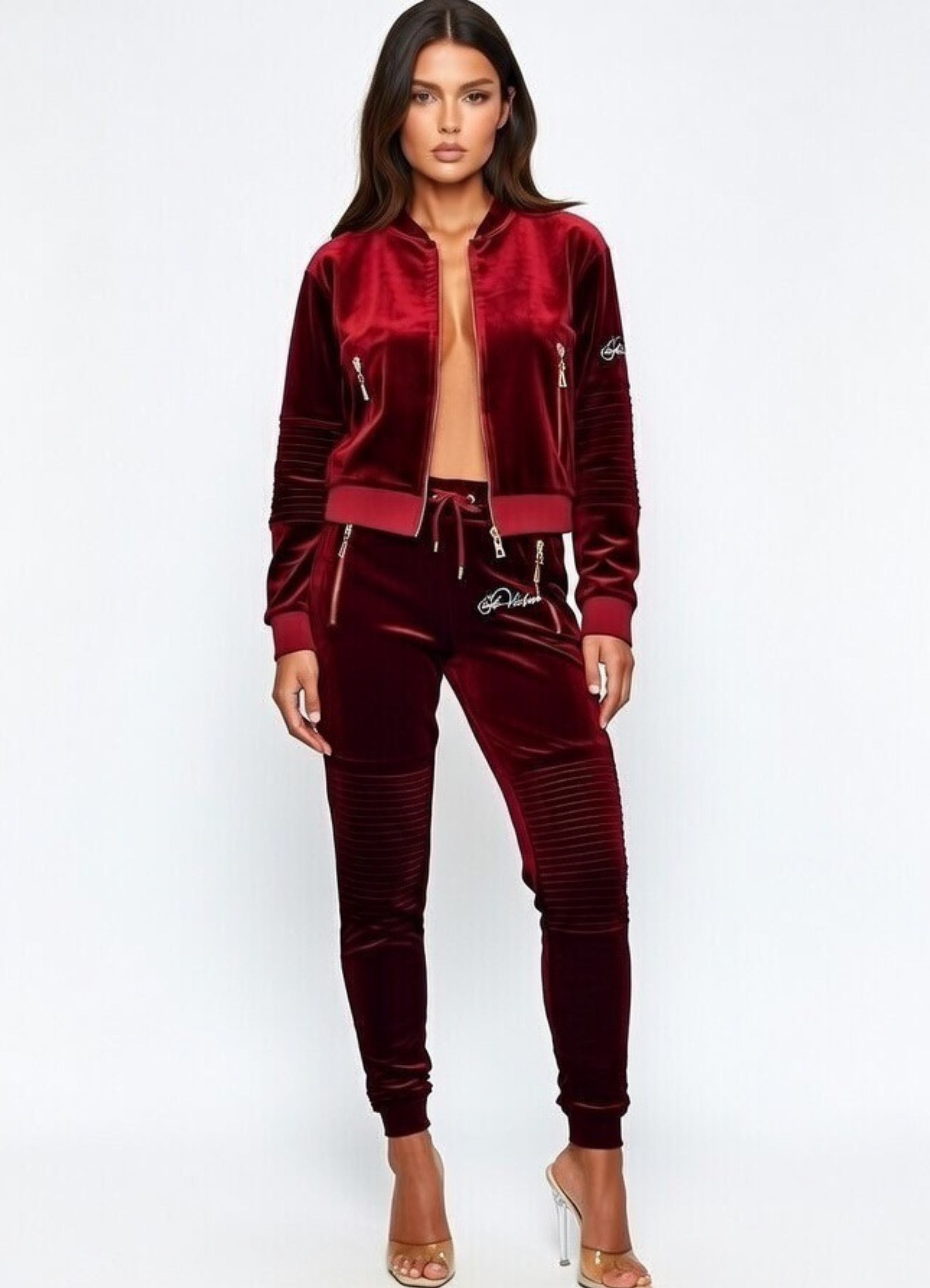Women's Burgundy Vélvét Full Tracksuit