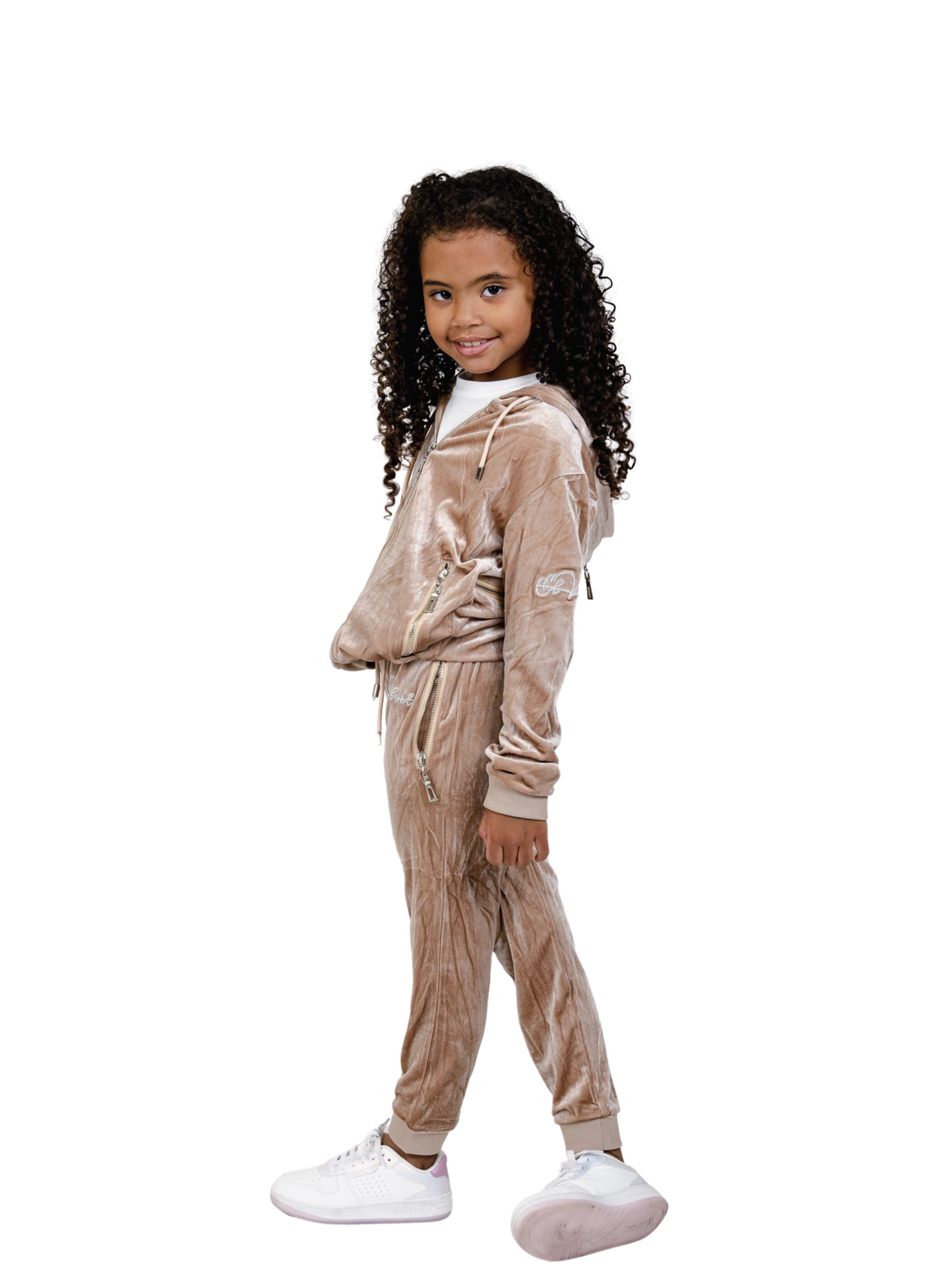 Kids Biege Vélvét Full Tracksuit -Boys & Girls