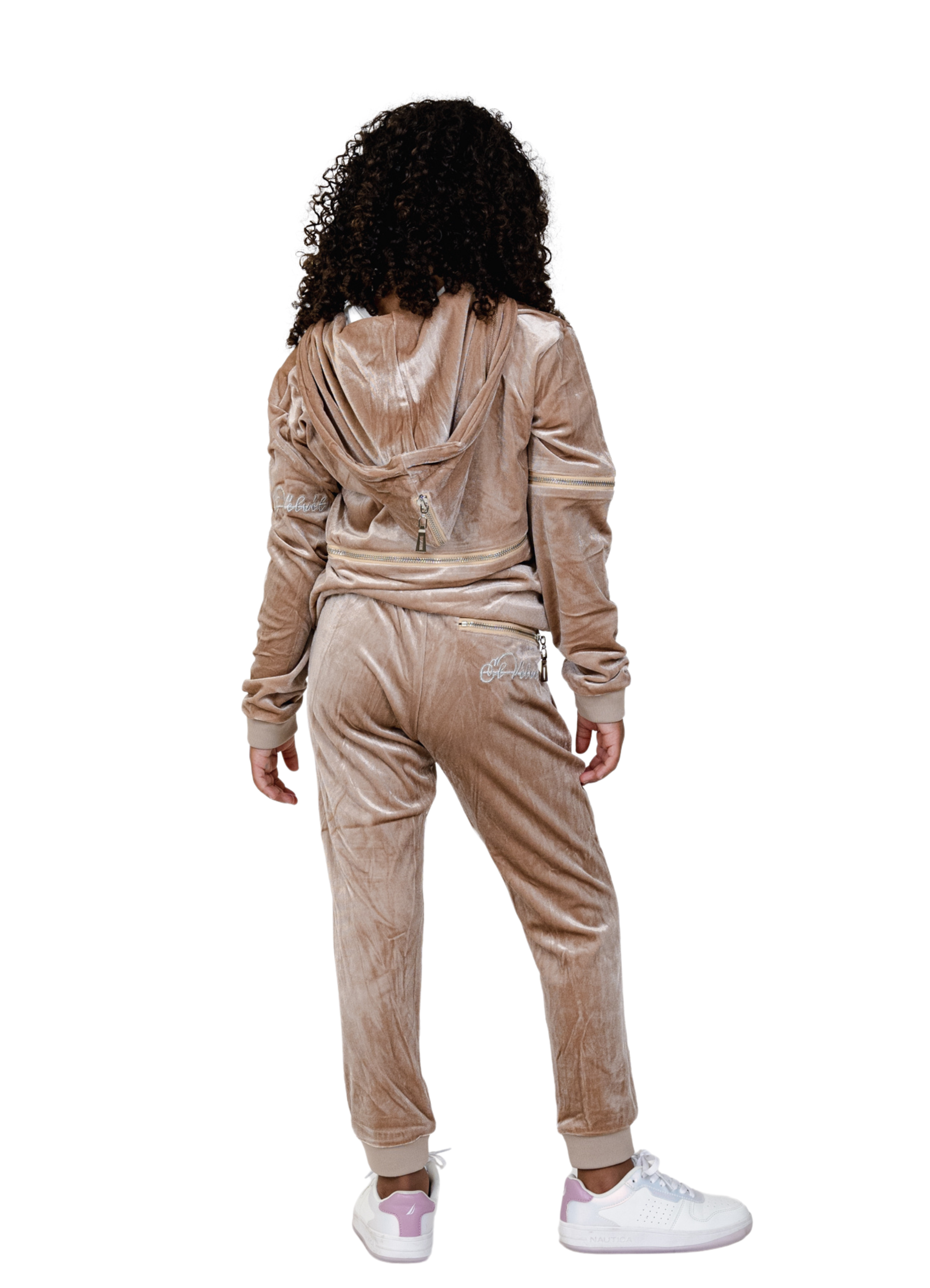 Kids Biege Vélvét Full Tracksuit -Boys & Girls