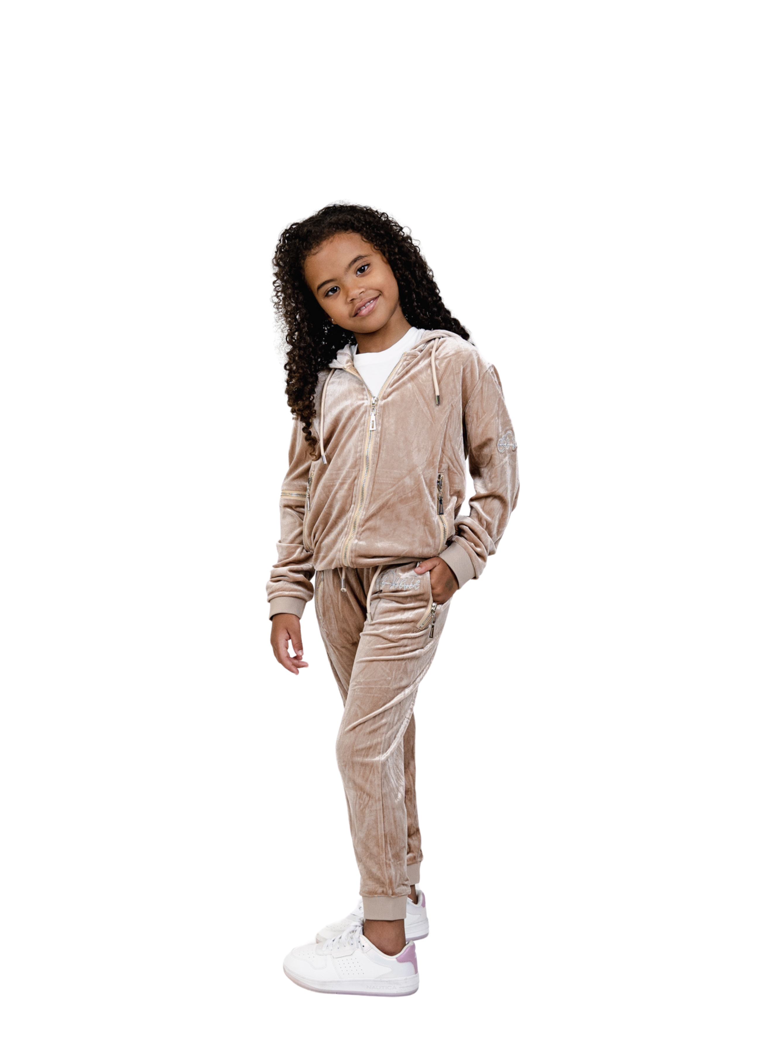 Kids Biege Vélvét Full Tracksuit -Boys & Girls