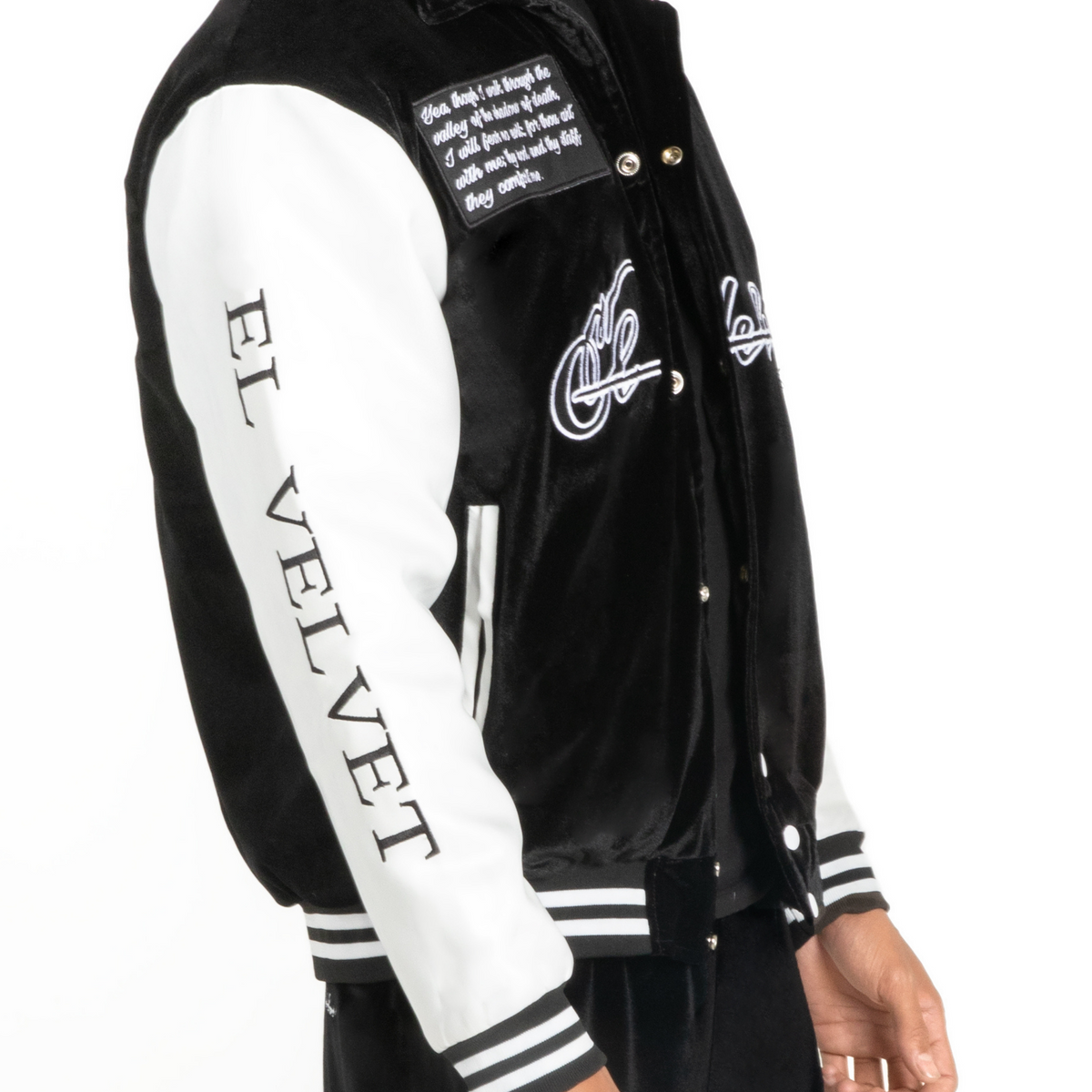 Black & White Scriptures Velvet Varsity Jacket – El Vélvét