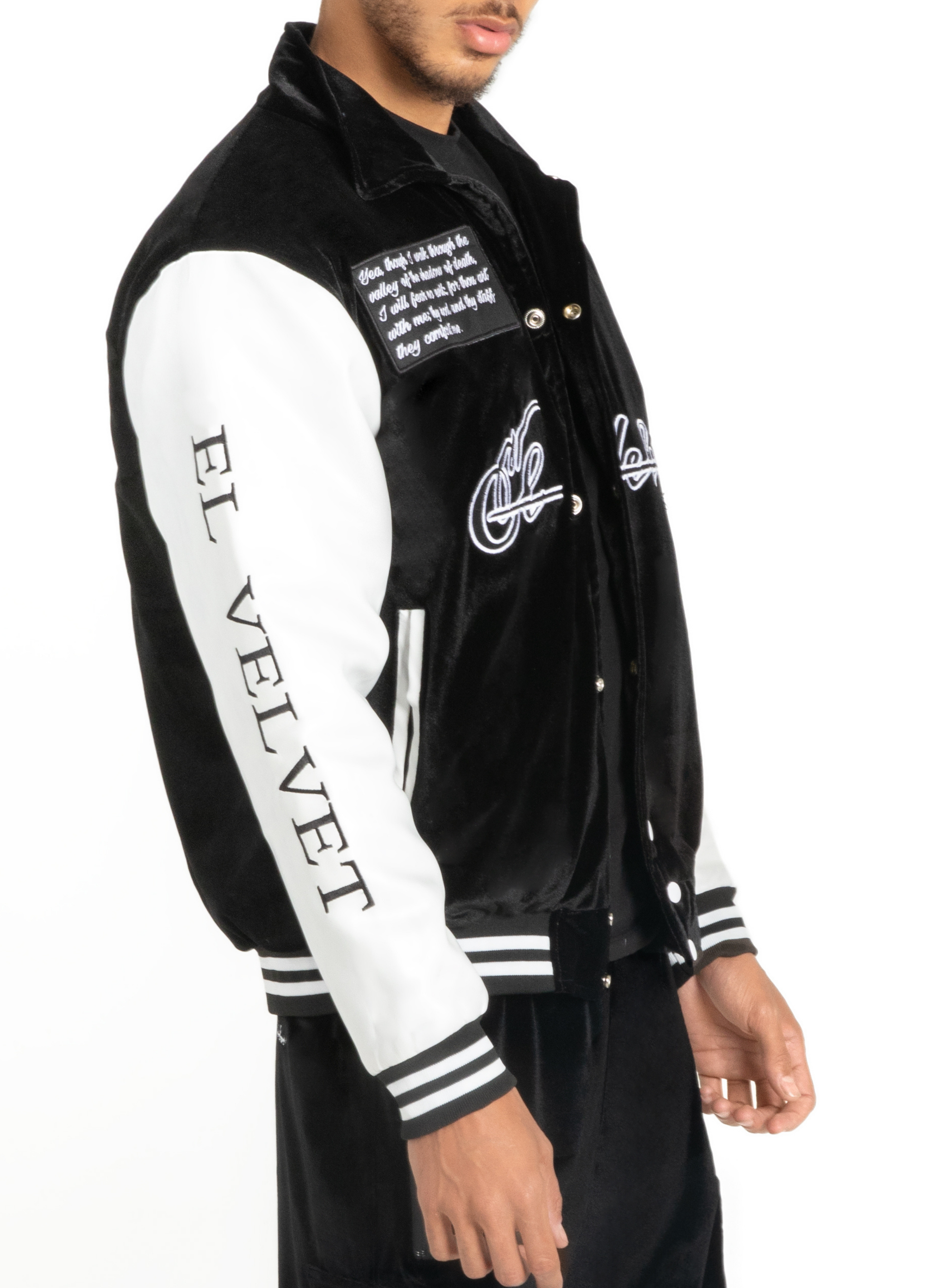 Black & White Scriptures Velvet Varsity Jacket