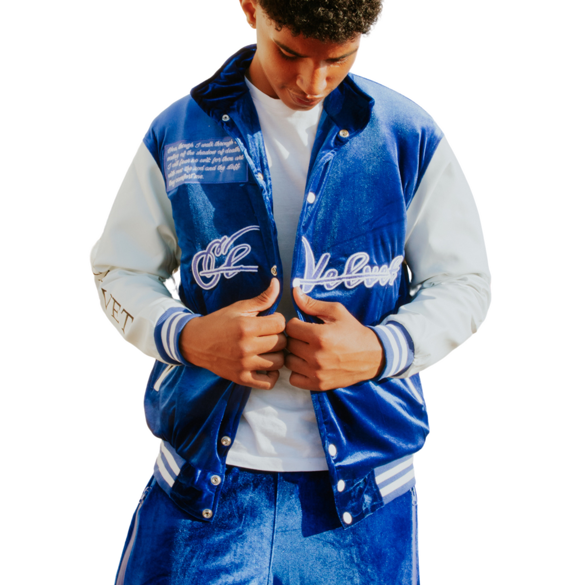 Royal Blue & White Scriptures Velvet Varsity Jacket – El Vélvét