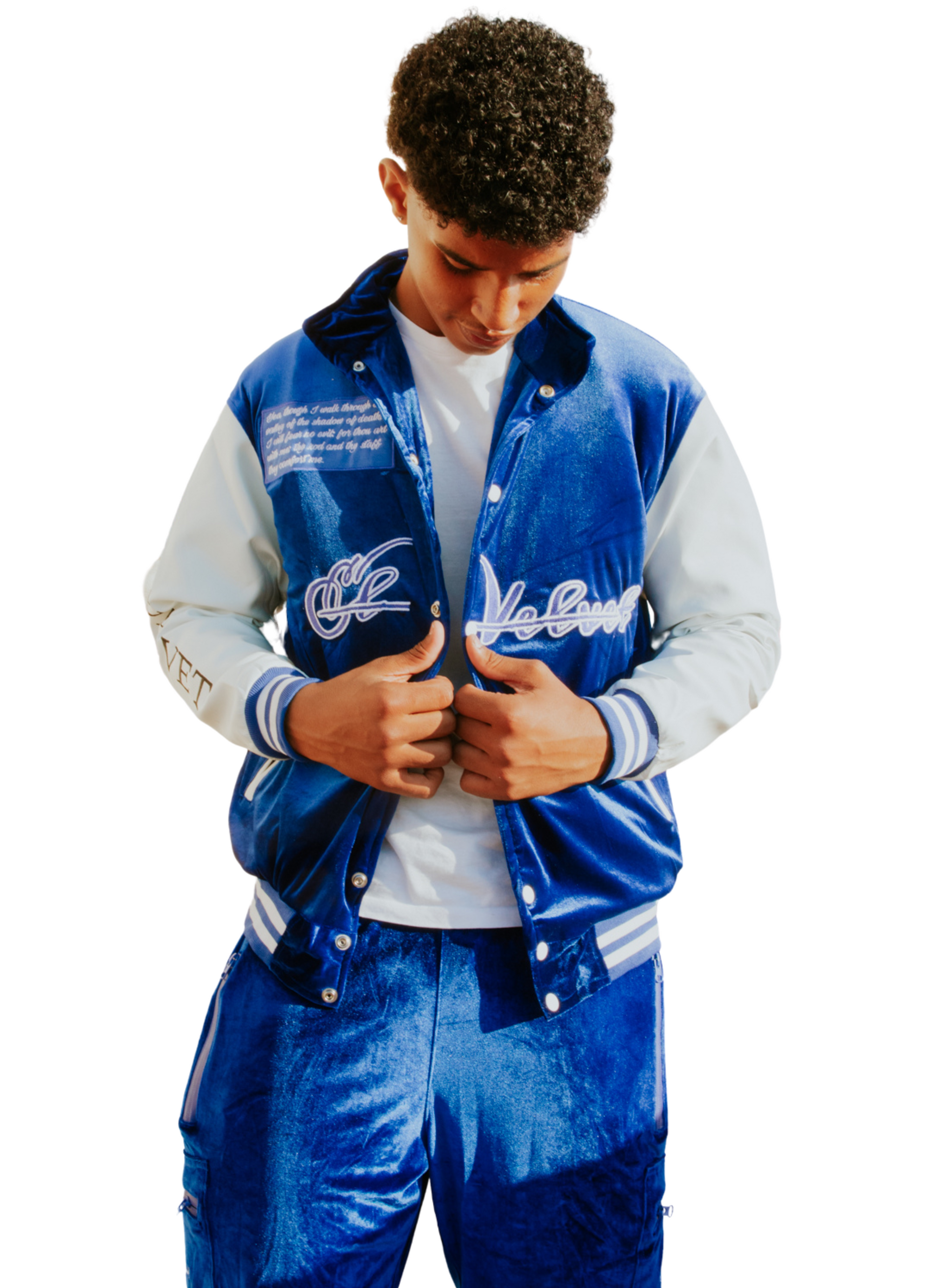 Royal Blue & White Scriptures Velvet Varsity Jacket