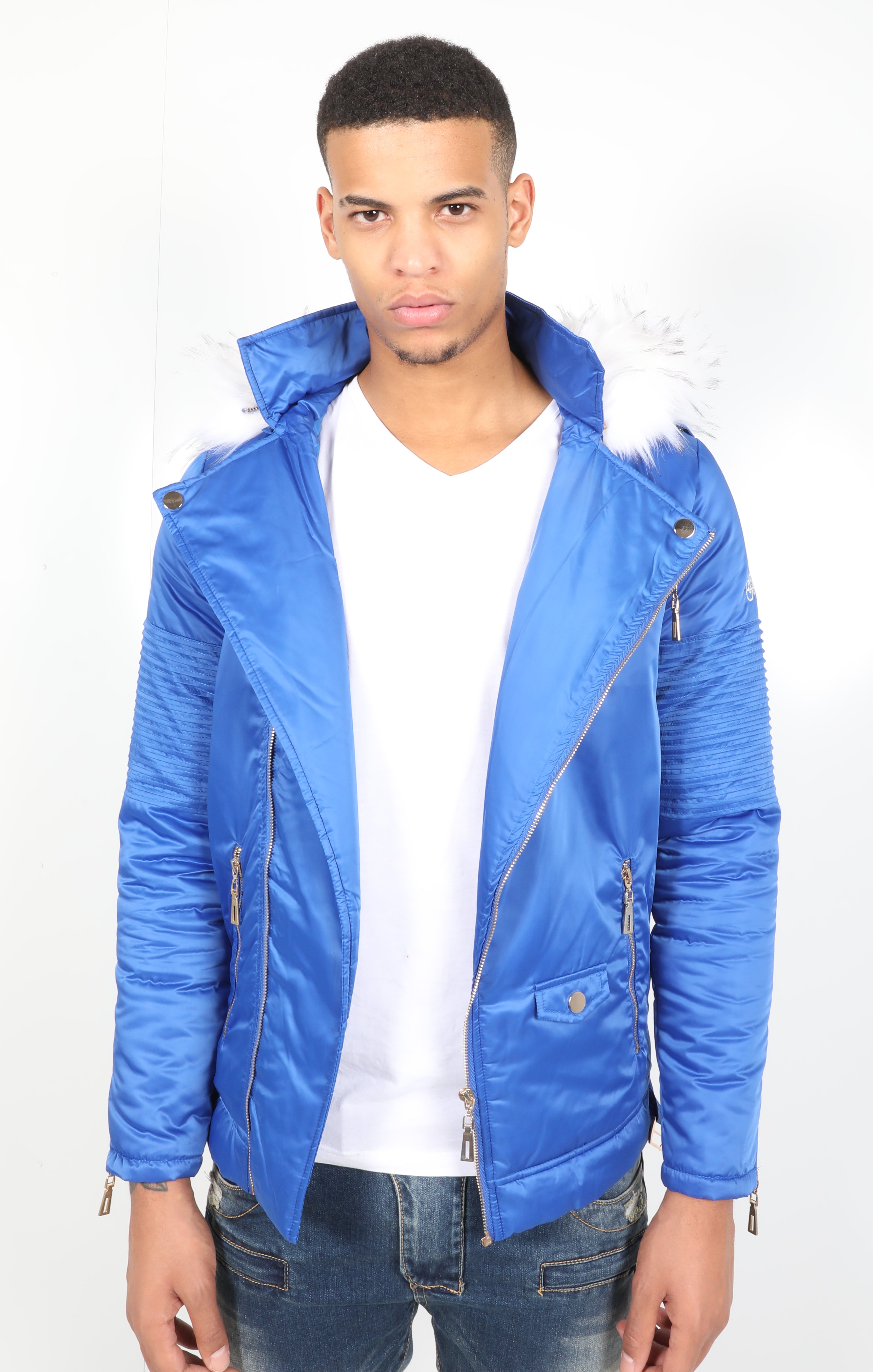 Blue El Vélvét Winter Biker Jacket - Faux