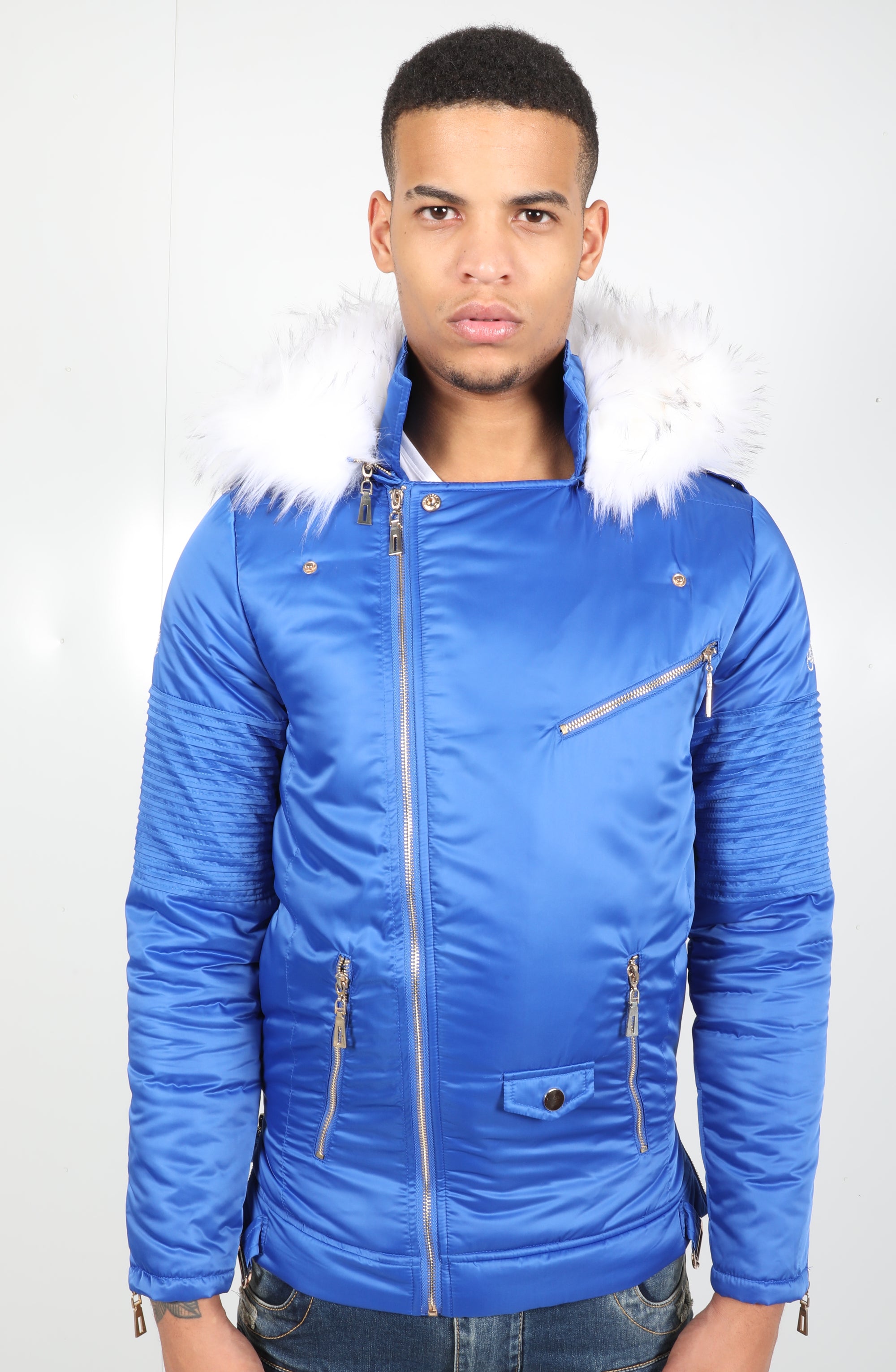 Blue El Vélvét Winter Biker Jacket - Faux