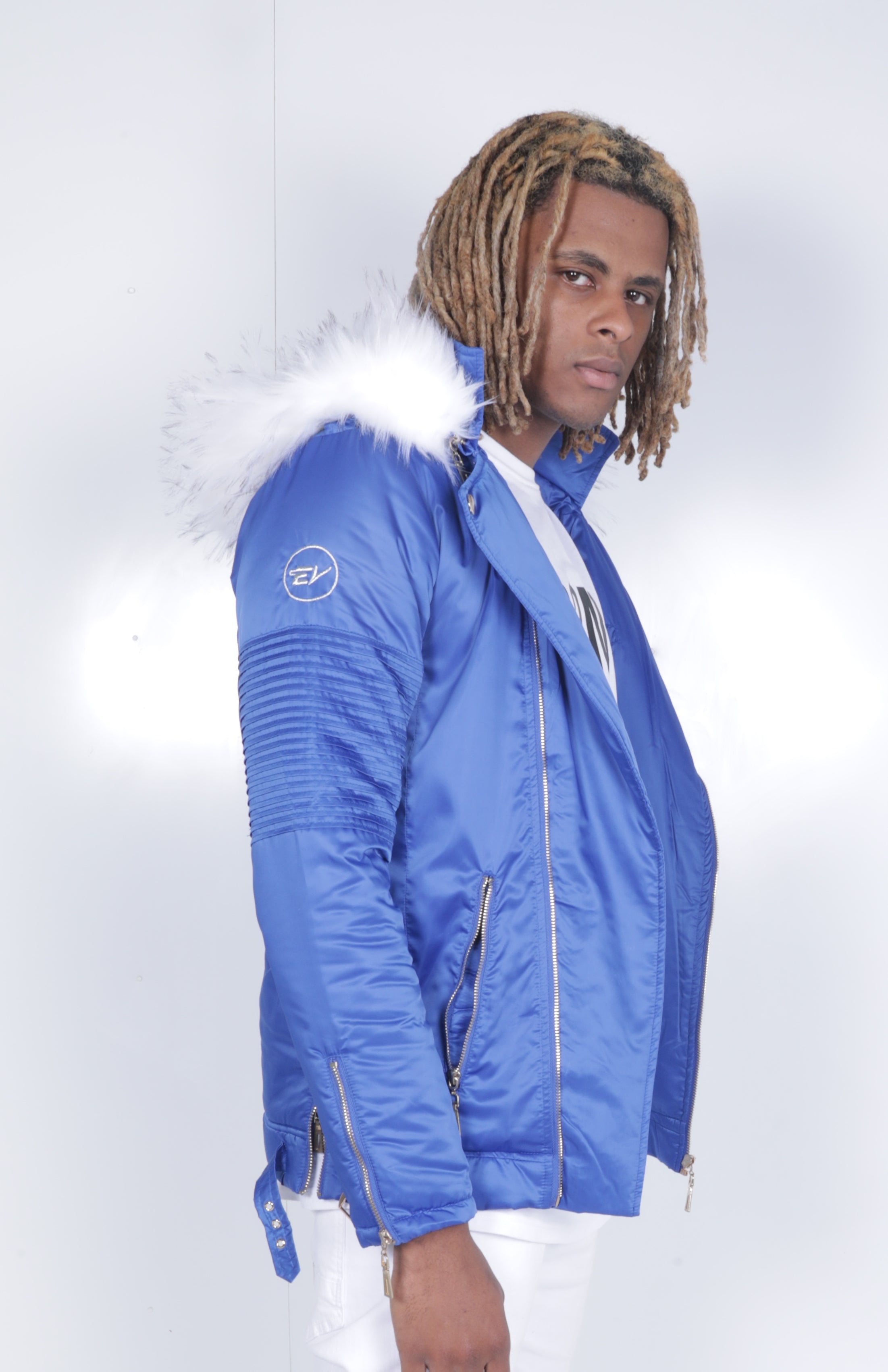 Blue El Vélvét Winter Biker Jacket - Faux