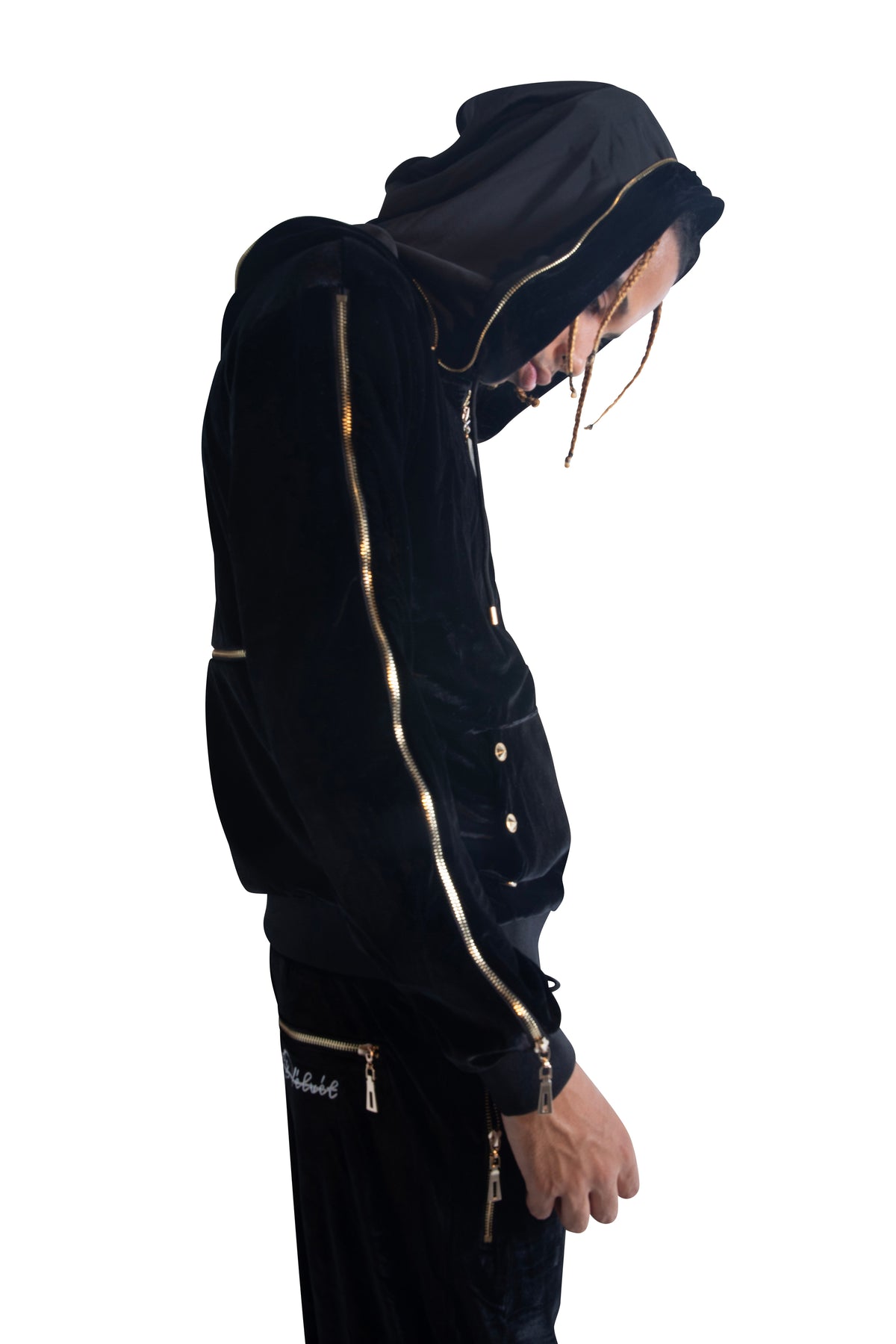 Mens Black Velour Tracksuit with Orange Piping, El Tigre