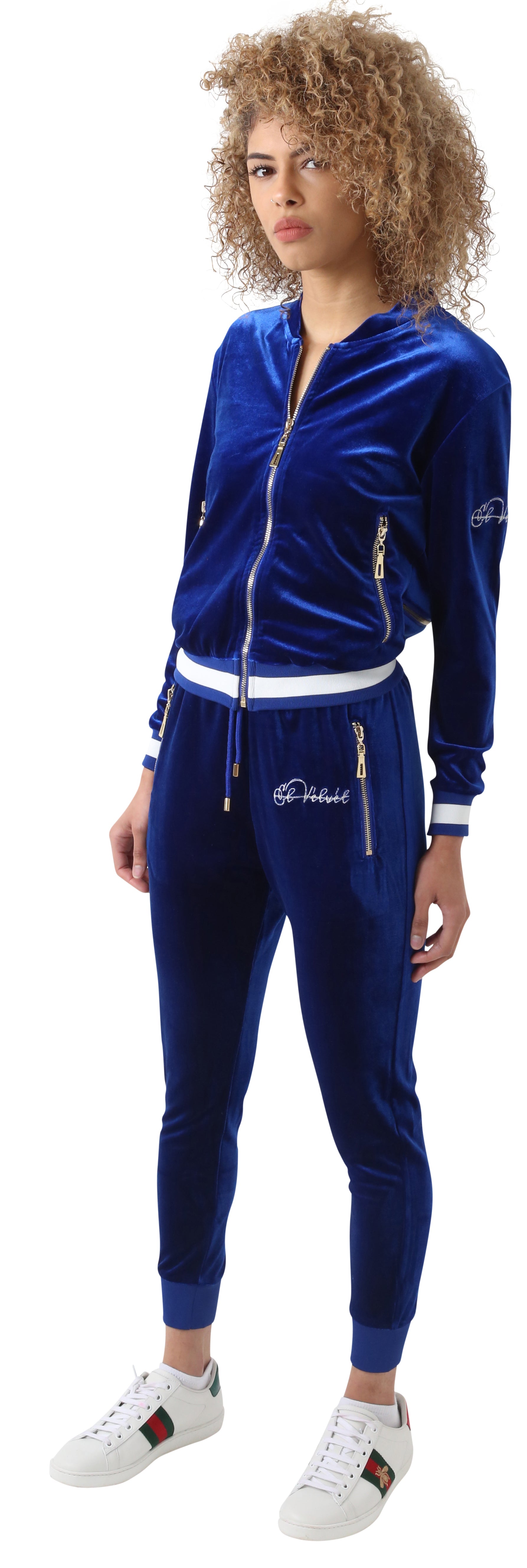 Women's Striped Royal Blue Vélvét - Full Tracksuit