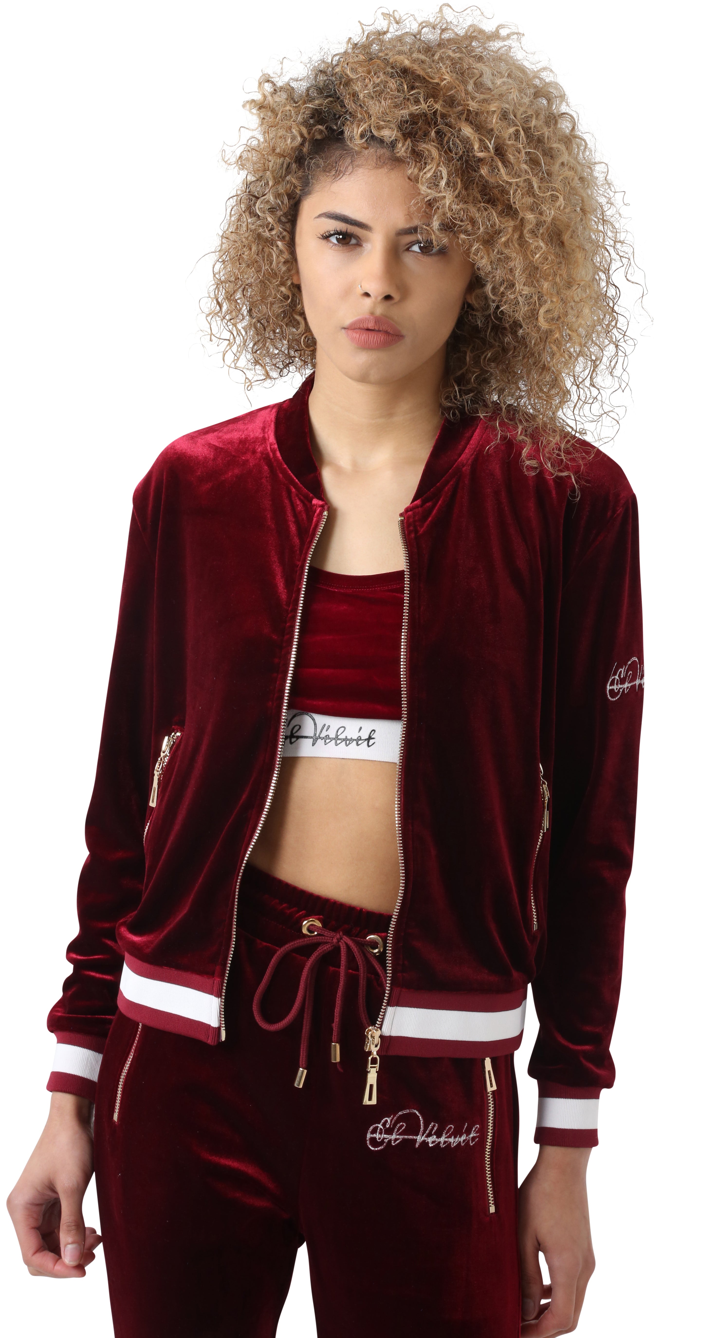 Women's Striped Burgundy Vélvét Tracksuit
