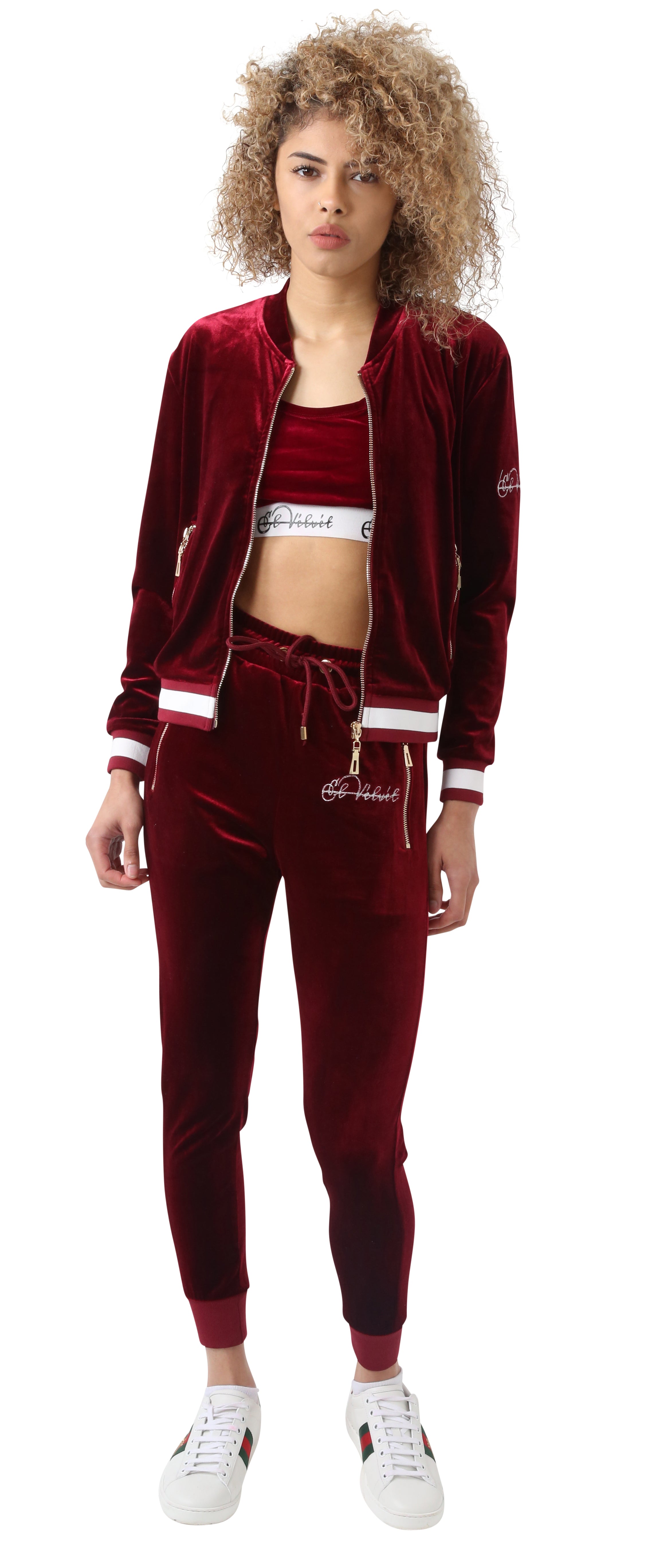Women's Striped Burgundy Vélvét Tracksuit