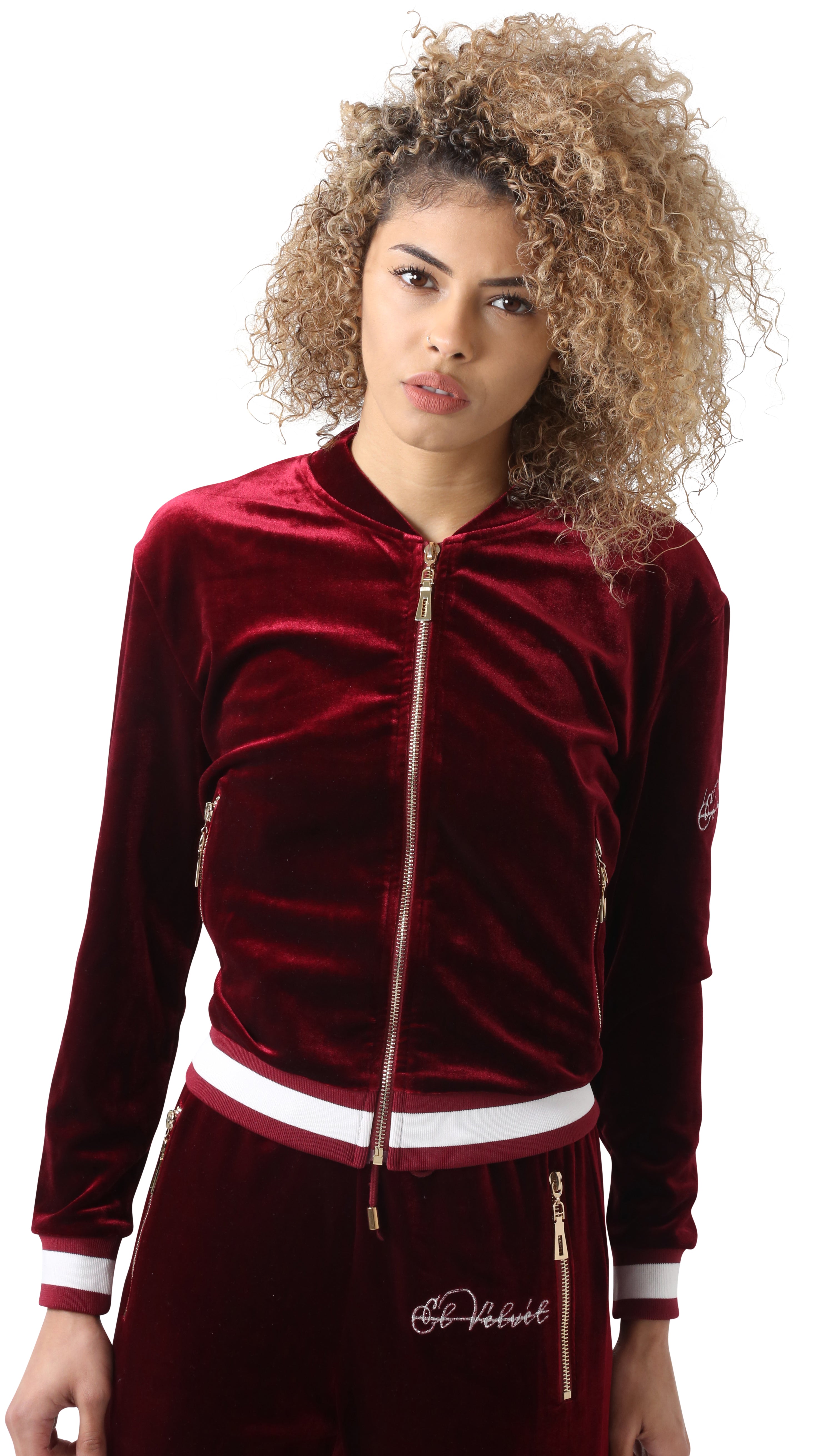 Women's Striped Burgundy Vélvét Tracksuit