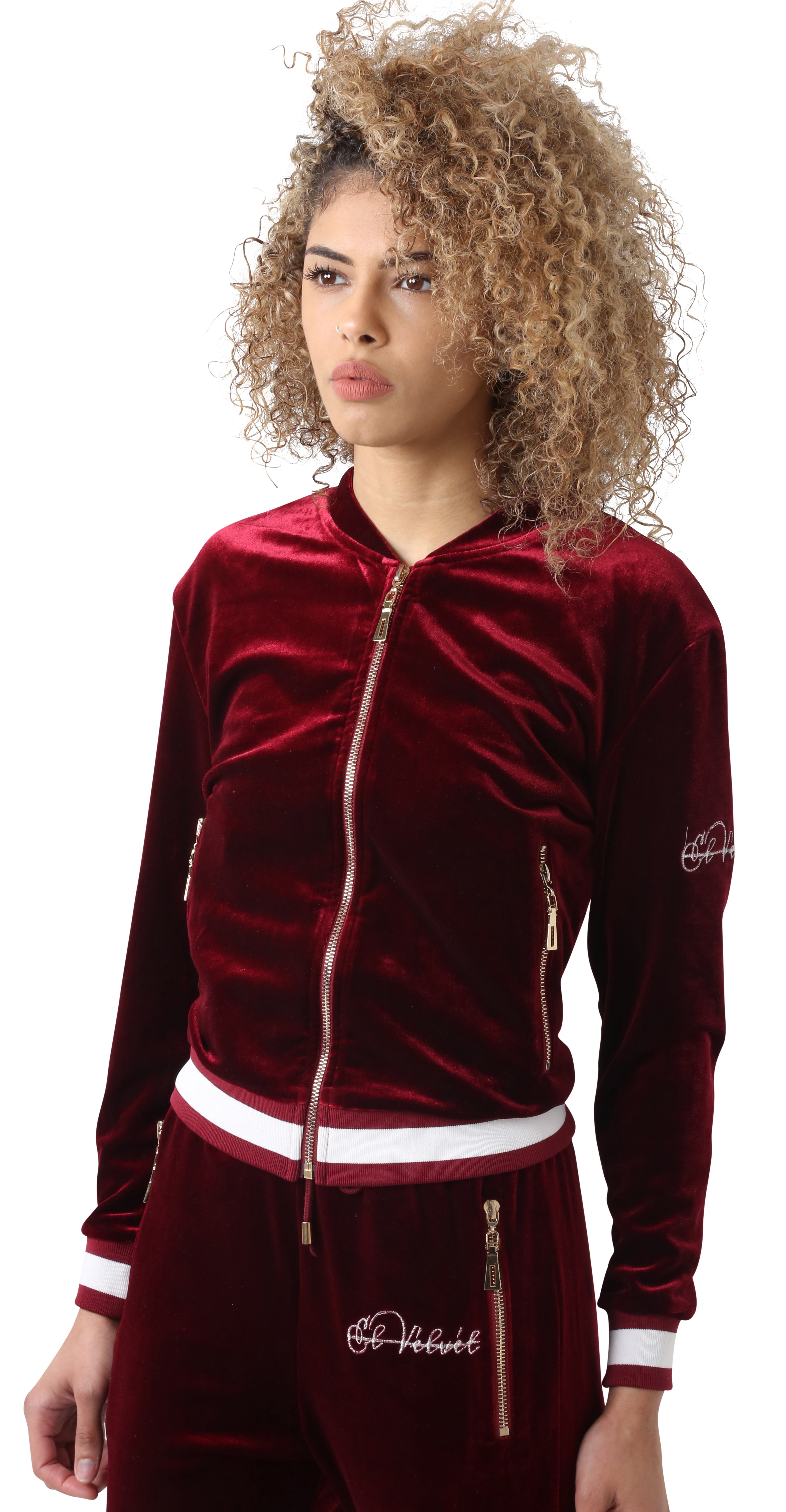 Women's Striped Burgundy Vélvét Tracksuit