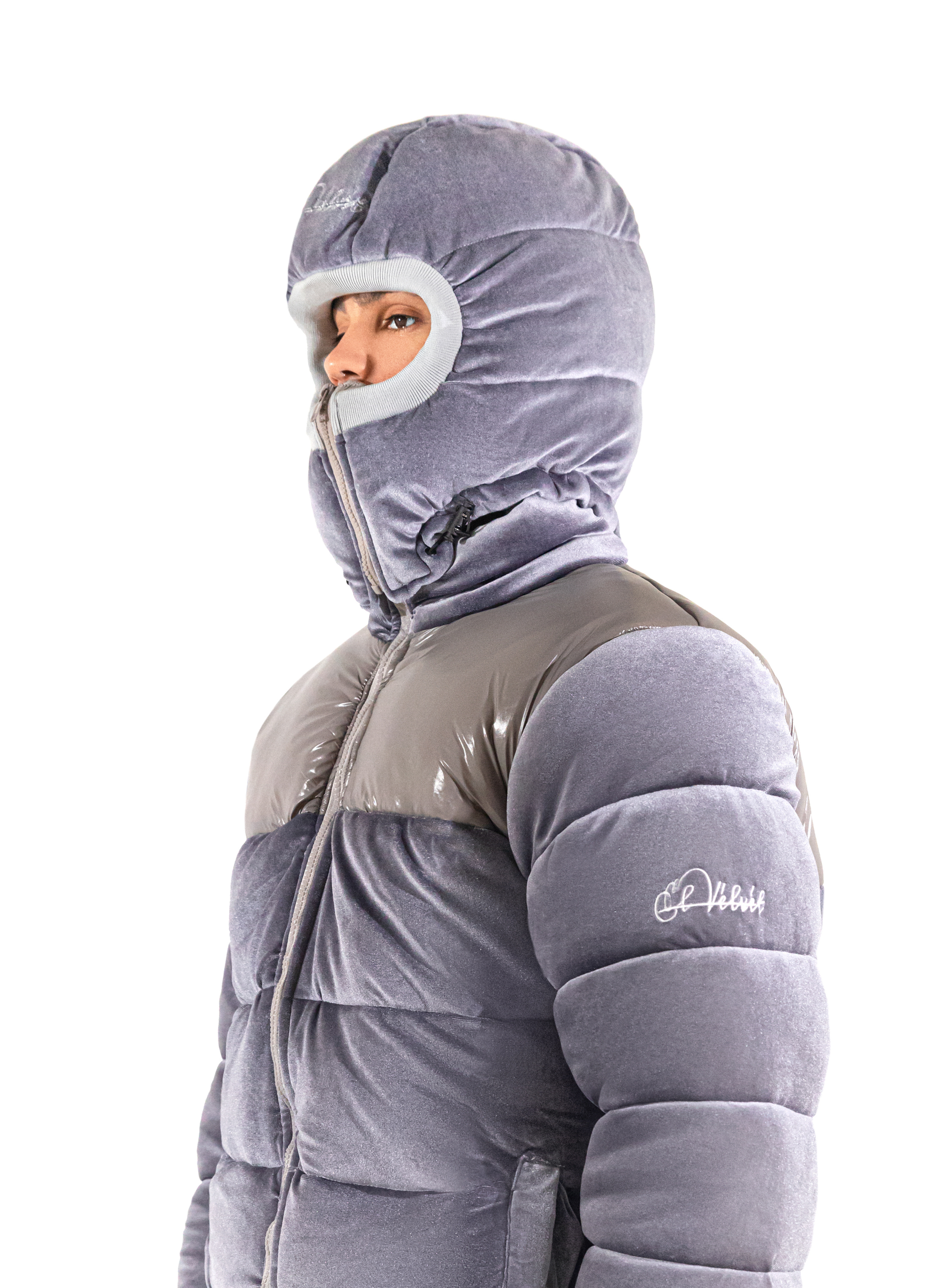Grey Puffer Velvet Ski Mask | Balaclava