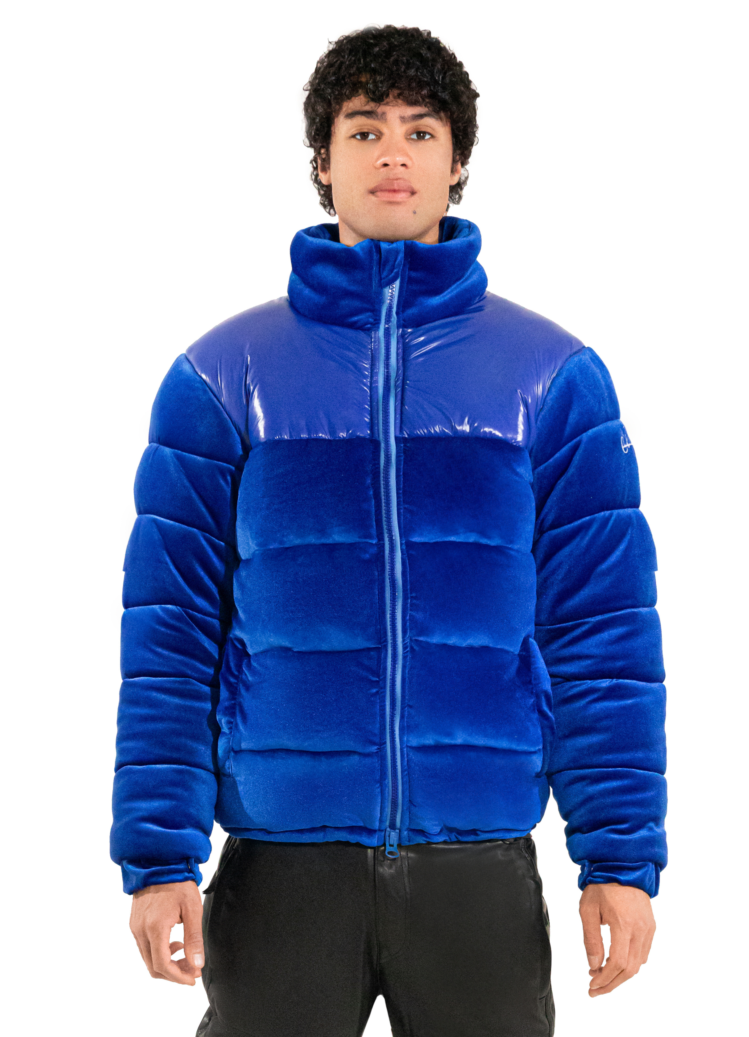 bright blue puffer coat